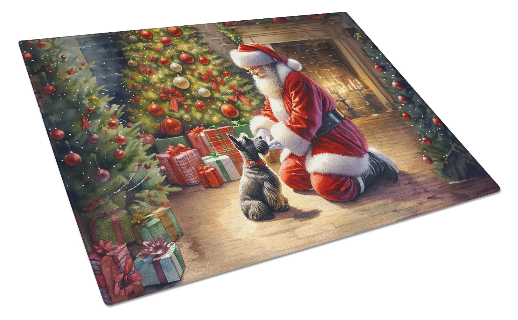 Scottish Terrier and Santa Claus Cutting Board Tempered Glass Kitchen Cutting Surface, Heat Resistant Chopping, Non-Slip Feet, Food Prep & Serving