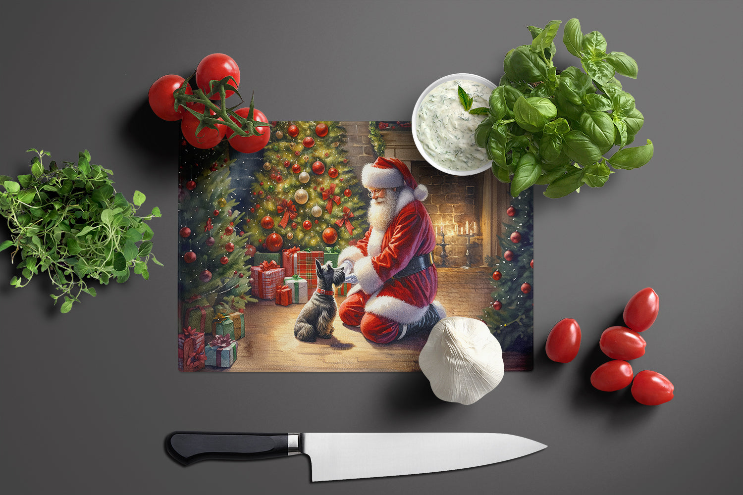 Scottish Terrier and Santa Claus Cutting Board Tempered Glass Kitchen Cutting Surface, Heat Resistant Chopping, Non-Slip Feet, Food Prep & Serving