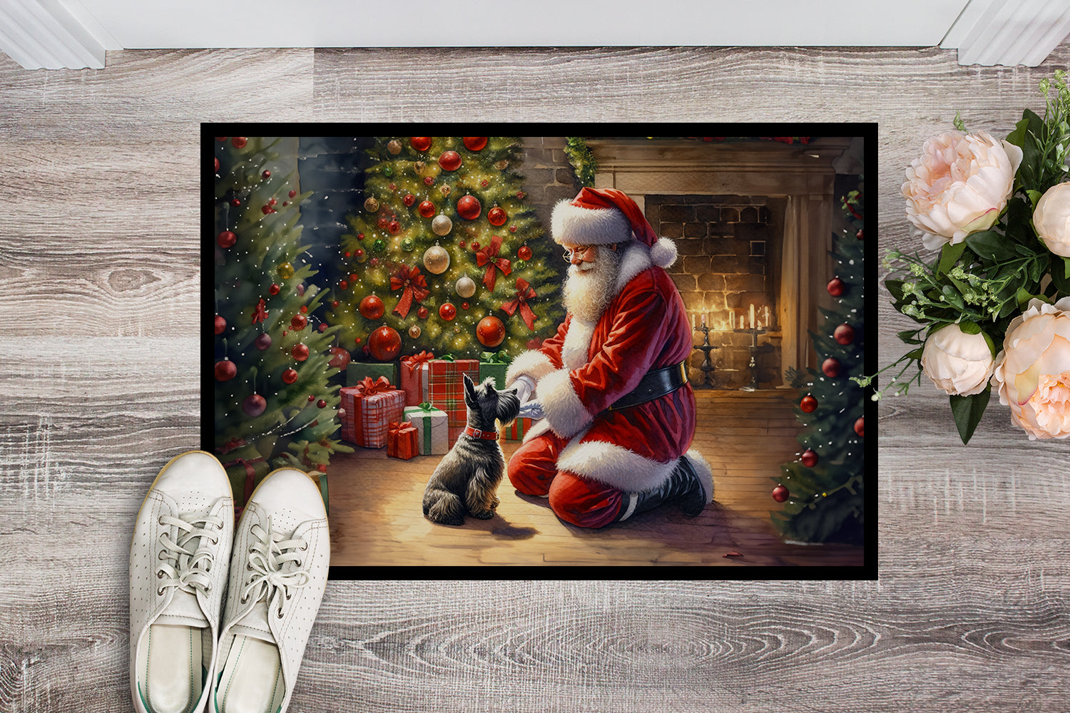 Scottish Terrier and Santa Claus Doormat Indoor Outdoor 18H X 27W Front Door Mat Rugs for Entryway, Non Slip Washable