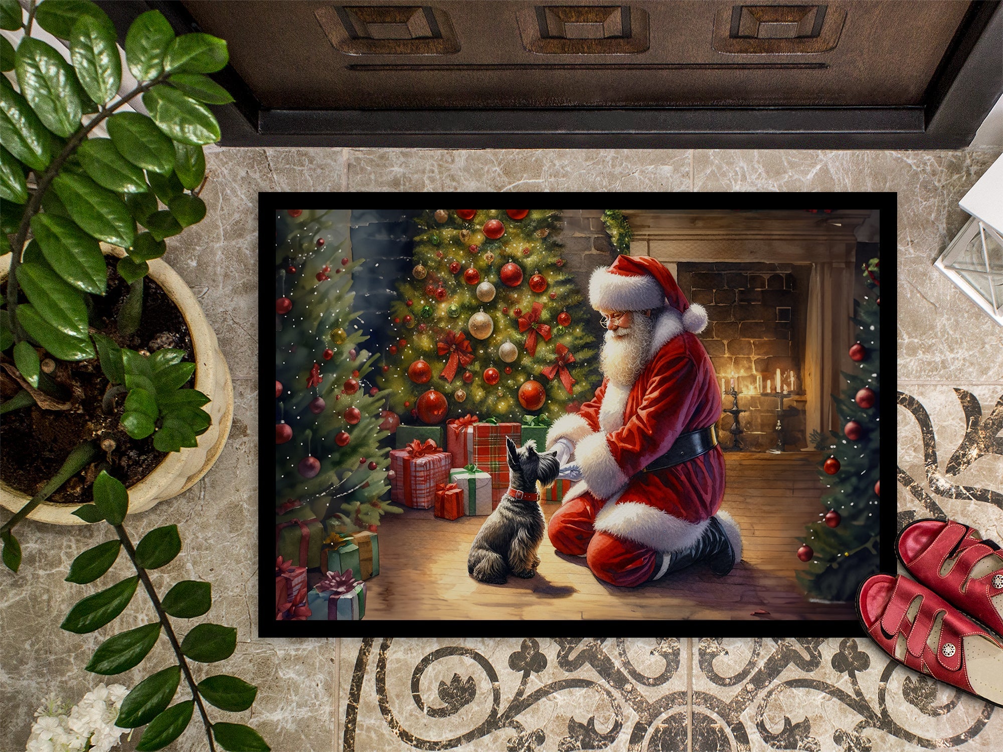 Scottish Terrier and Santa Claus Doormat Indoor Outdoor 18H X 27W Front Door Mat Rugs for Entryway, Non Slip Washable