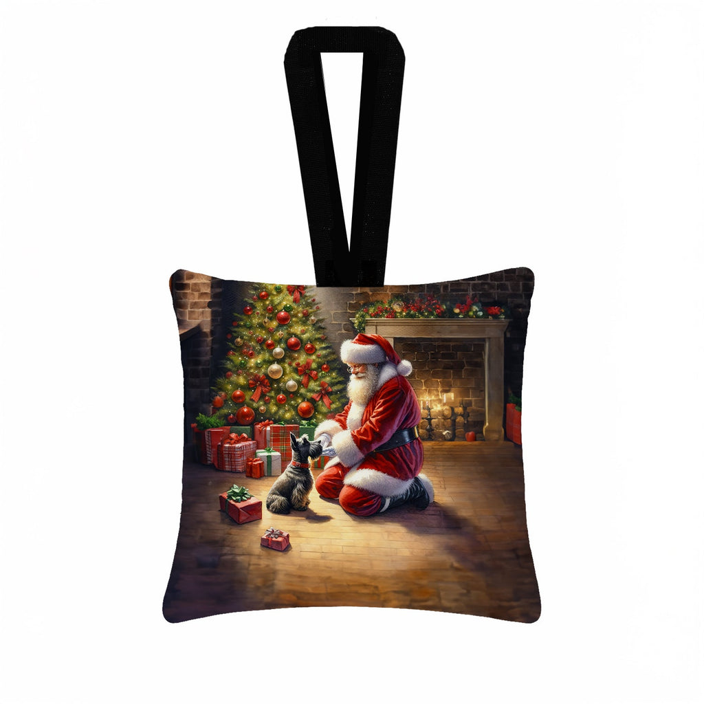Scottish Terrier and Santa Claus Hanging Square Fabric Ornament 3.5 × 3.5 Decorative Door-Knob & Tree Hanger, Soft Fabric