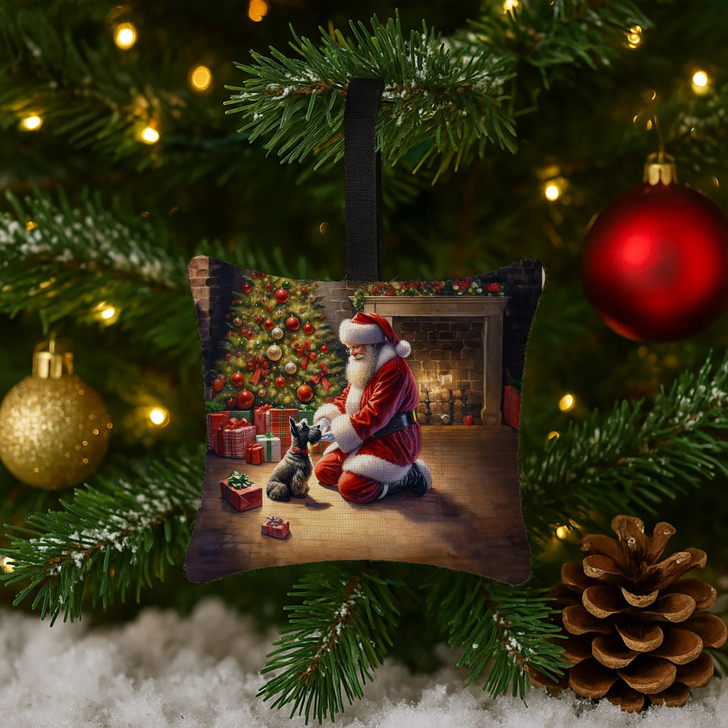 Scottish Terrier and Santa Claus Hanging Square Fabric Ornament 3.5 × 3.5 Decorative Door-Knob & Tree Hanger, Soft Fabric