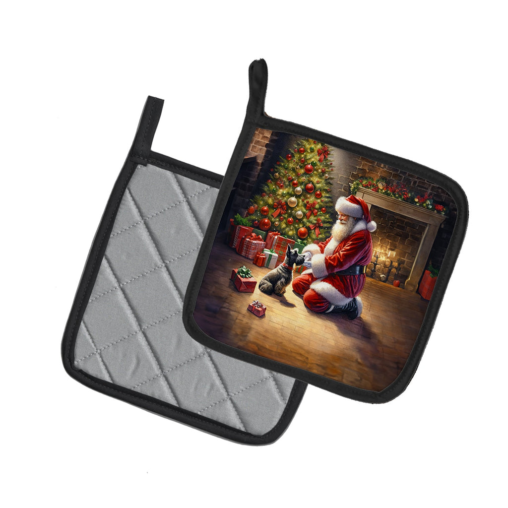 Scottish Terrier and Santa Claus Pot Holder Set of 2 Heat Resistant Quilted Hot Pads 7.5 x 7.5 Inch, Insulated Kitchen Trivets for Cooking & Baking