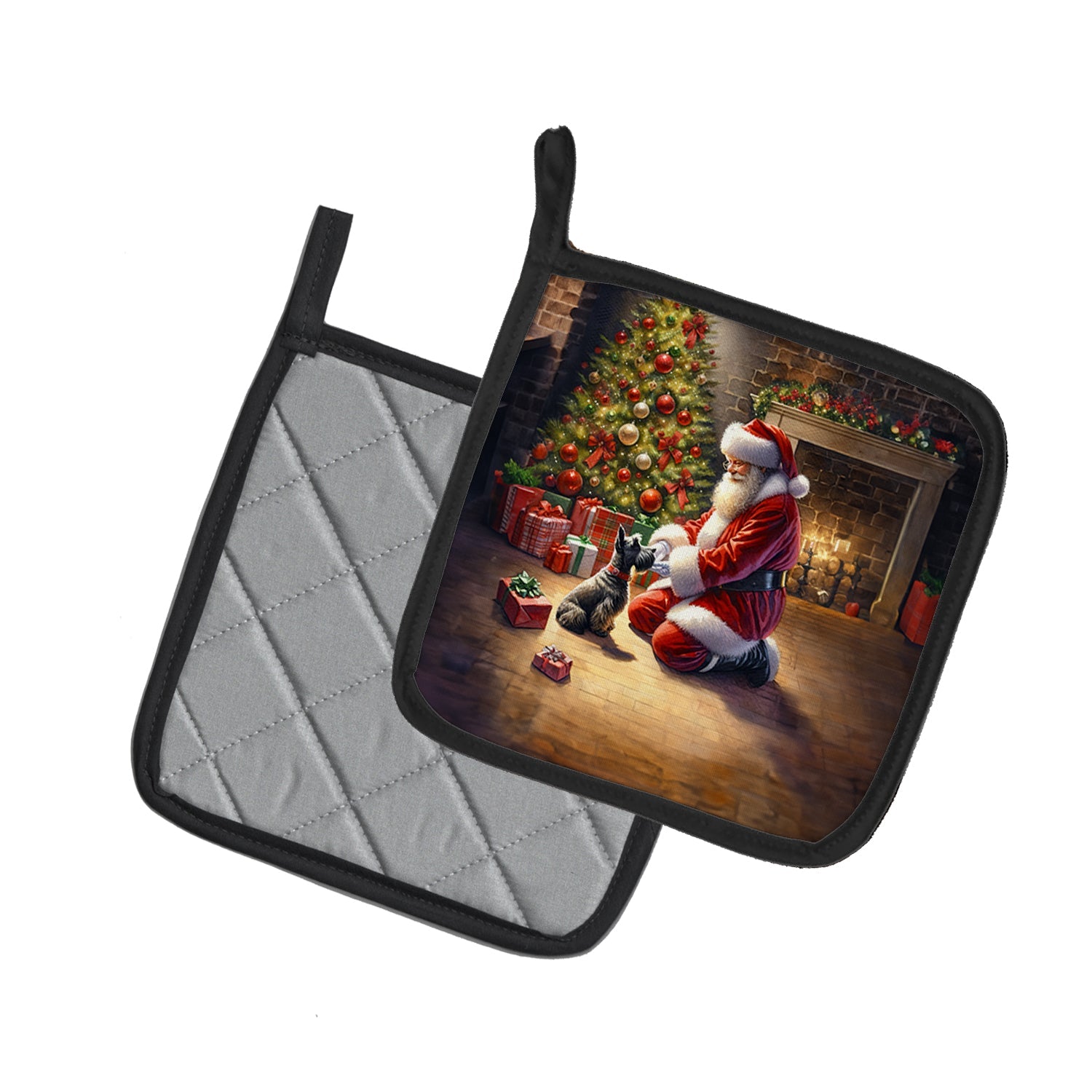 Scottish Terrier and Santa Claus Pot Holder Set of 2 Heat Resistant Quilted Hot Pads 7.5 x 7.5 Inch, Insulated Kitchen Trivets for Cooking & Baking