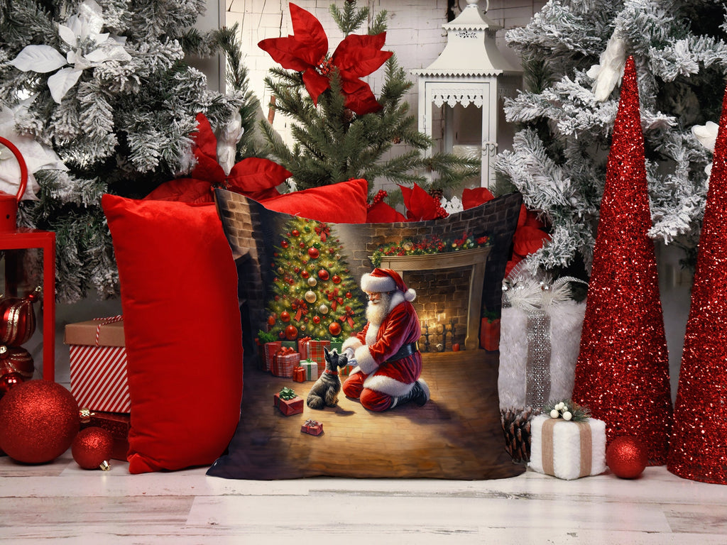 Scottish Terrier and Santa Claus Decorative Throw Pillow 14x14 Indoor Outdoor Accent Cushion, Fabric Cover with Insert for Sofa, Bed, Porch & Living Room
