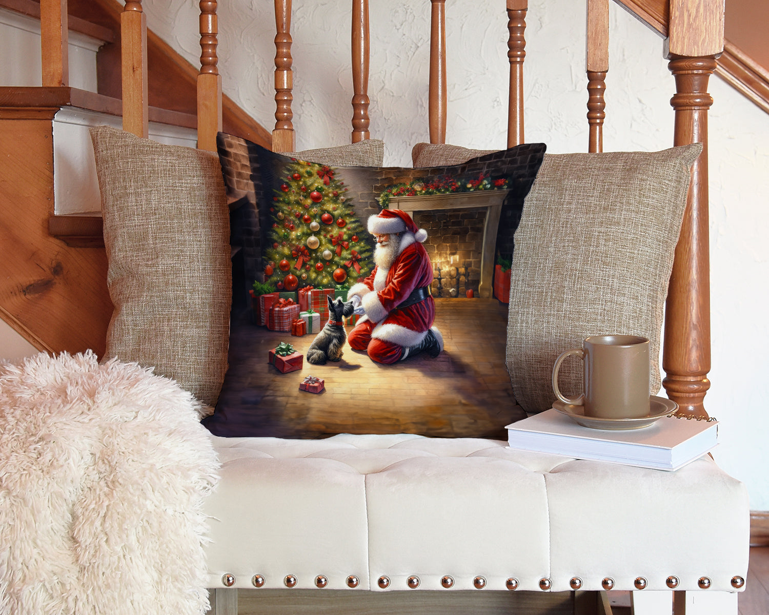 Scottish Terrier and Santa Claus Decorative Throw Pillow 14x14 Indoor Outdoor Accent Cushion, Fabric Cover with Insert for Sofa, Bed, Porch & Living Room