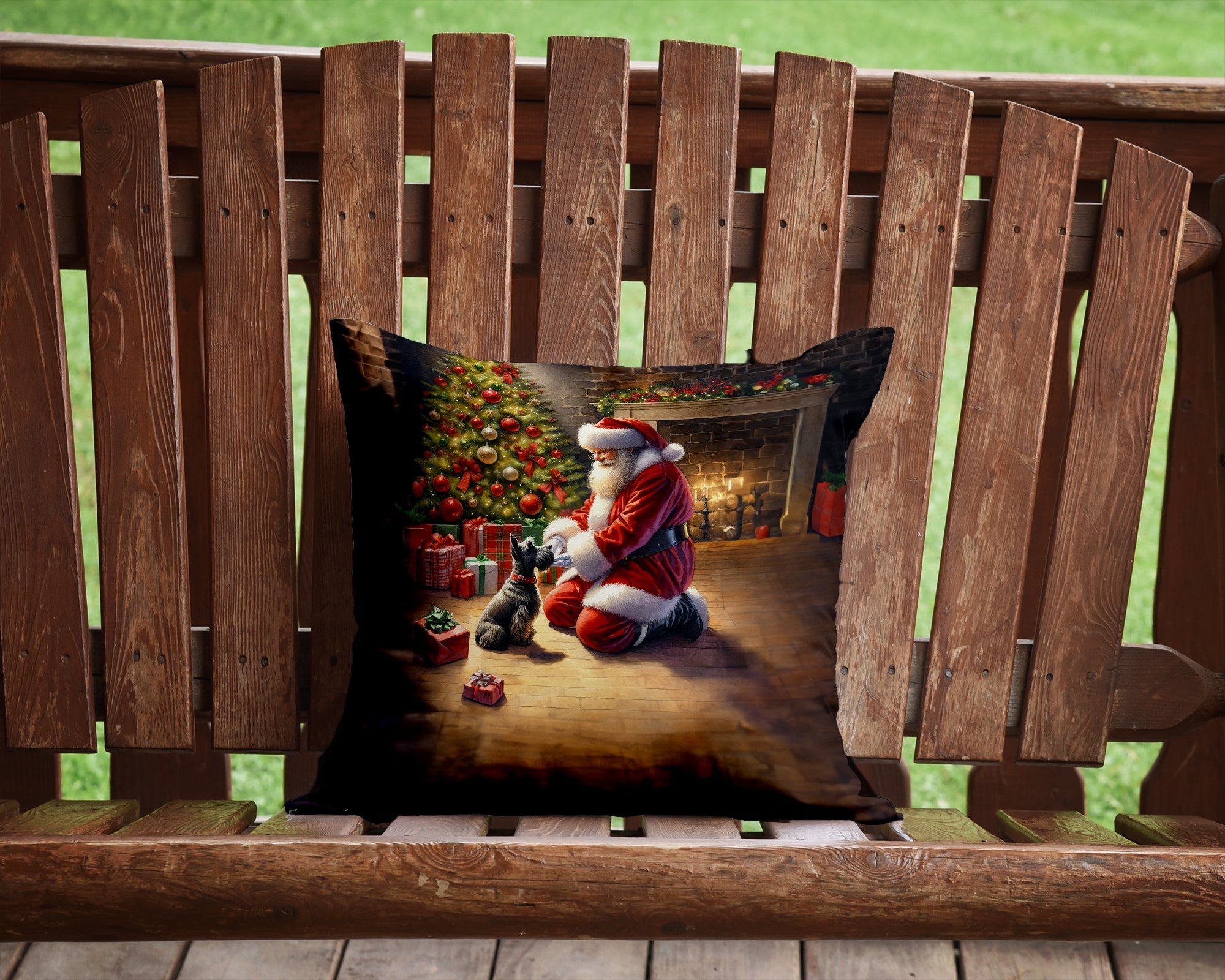 Scottish Terrier and Santa Claus Decorative Throw Pillow 14x14 Indoor Outdoor Accent Cushion, Fabric Cover with Insert for Sofa, Bed, Porch & Living Room