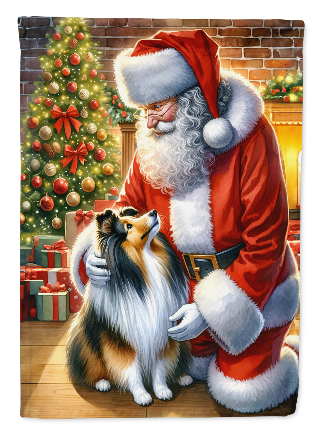 Sheltie and Santa Claus House Flag 28x40 Porch Sleeve Pole Decorative Outside Yard Banner Artwork Wall Hanging, Polyester