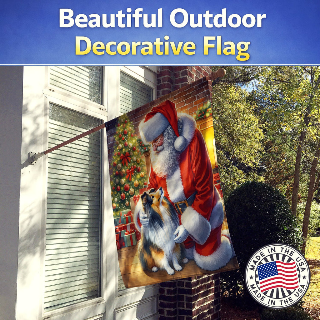 Sheltie and Santa Claus House Flag 28x40 Porch Sleeve Pole Decorative Outside Yard Banner Artwork Wall Hanging, Polyester