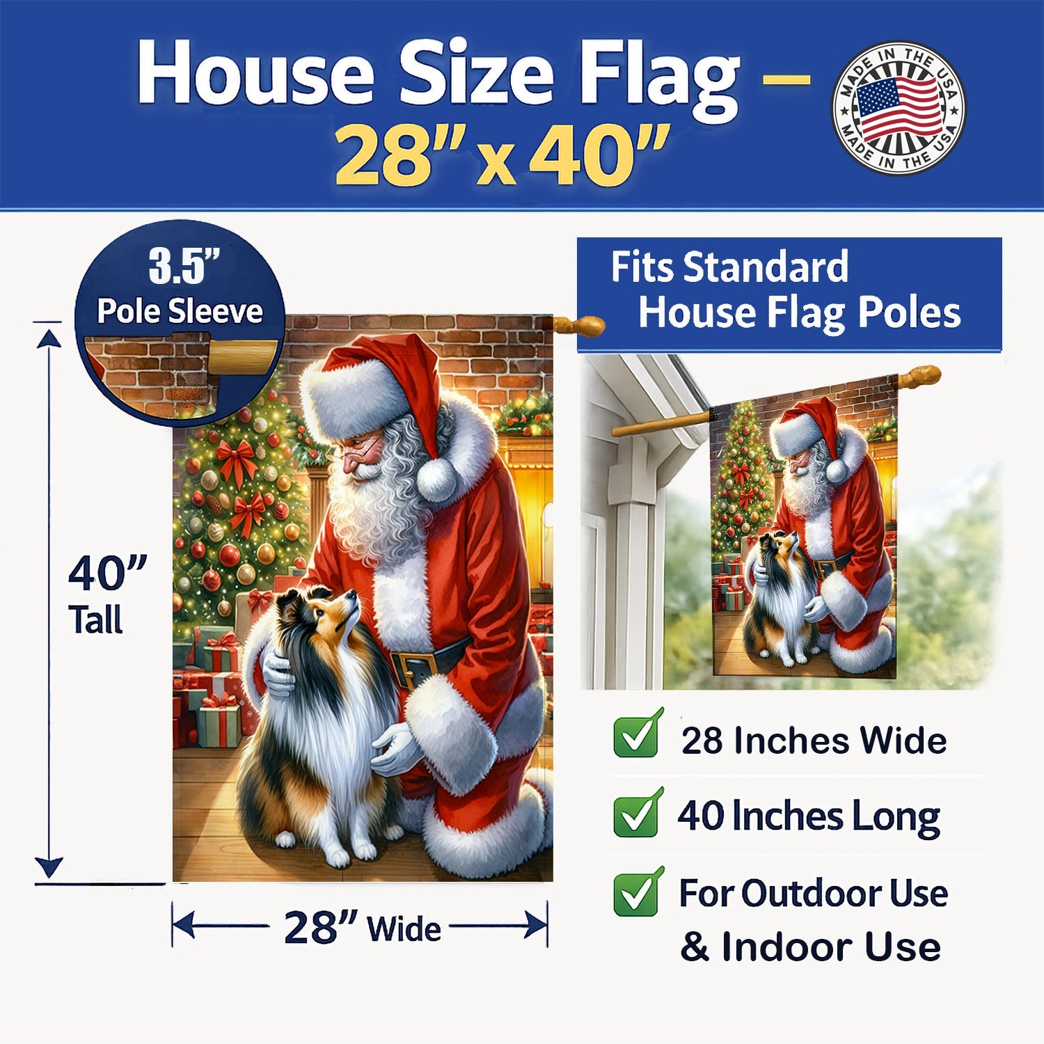 Sheltie and Santa Claus House Flag 28x40 Porch Sleeve Pole Decorative Outside Yard Banner Artwork Wall Hanging, Polyester
