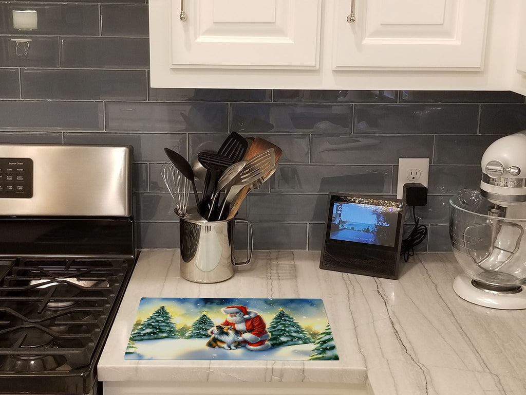 Sheltie and Santa Claus Cutting Board Tempered Glass Kitchen Cutting Surface, Heat Resistant Chopping, Non-Slip Feet, Food Prep & Serving