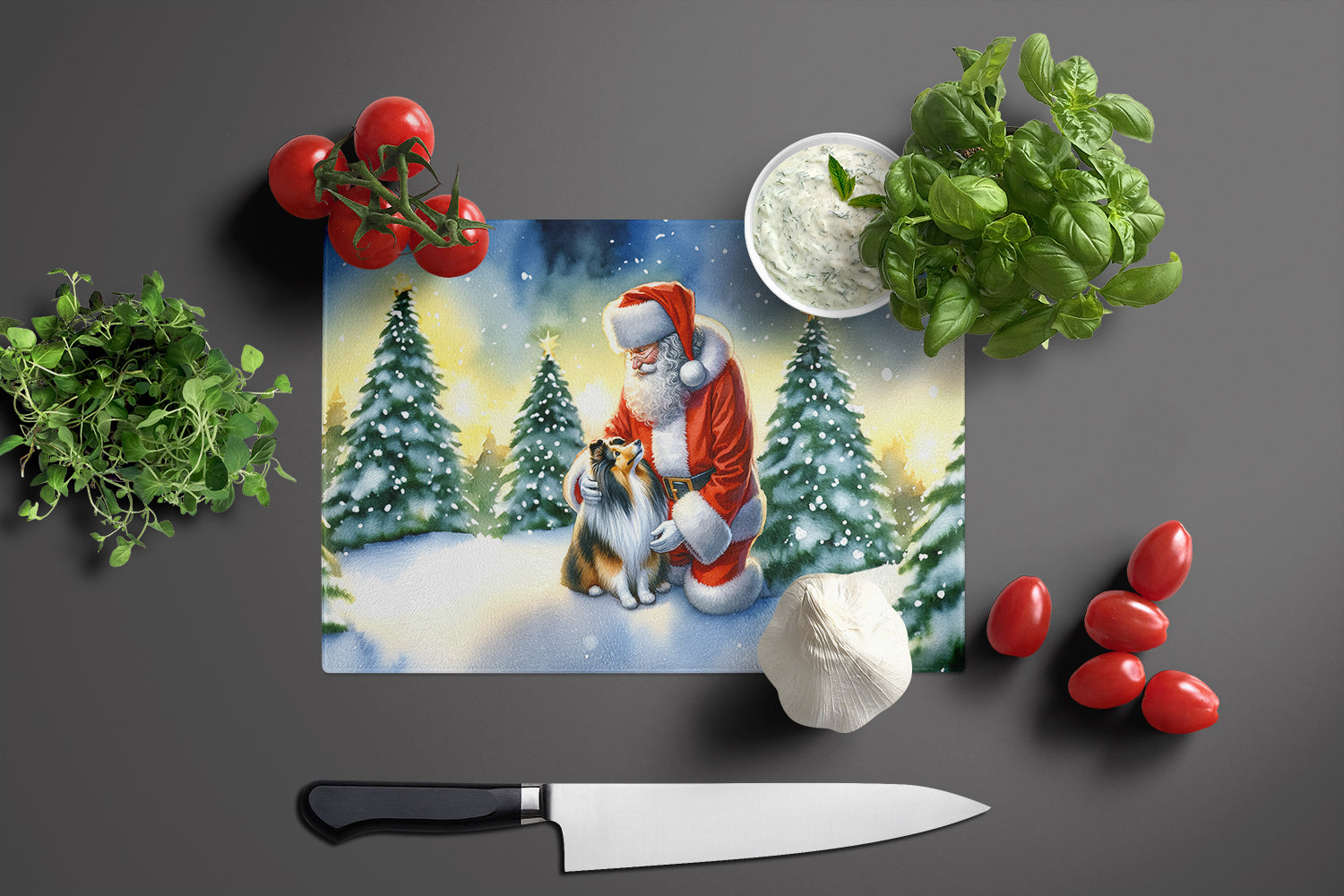 Sheltie and Santa Claus Cutting Board Tempered Glass Kitchen Cutting Surface, Heat Resistant Chopping, Non-Slip Feet, Food Prep & Serving