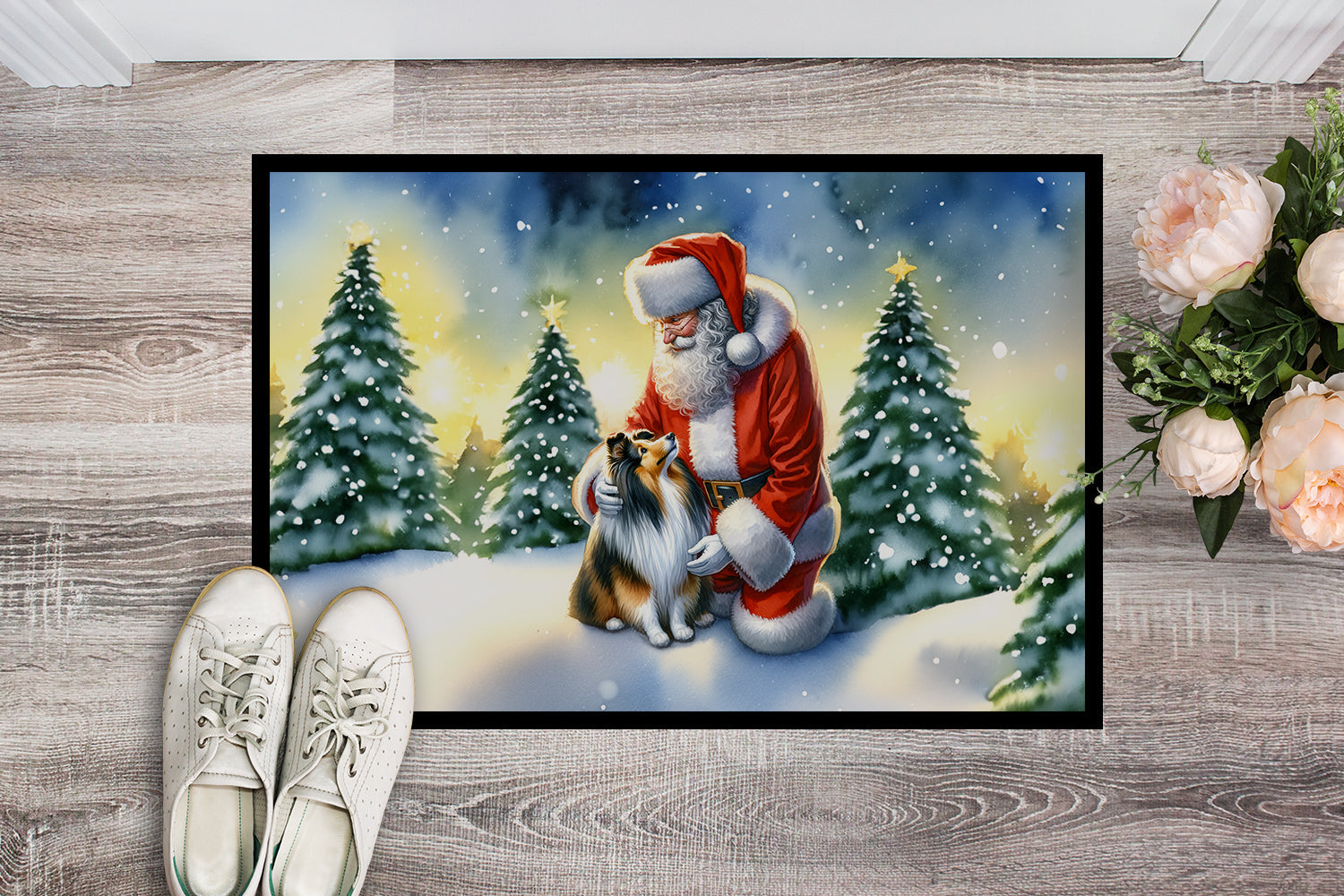 Sheltie and Santa Claus Doormat Indoor Outdoor 18H X 27W Front Door Mat Rugs for Entryway, Non Slip Washable