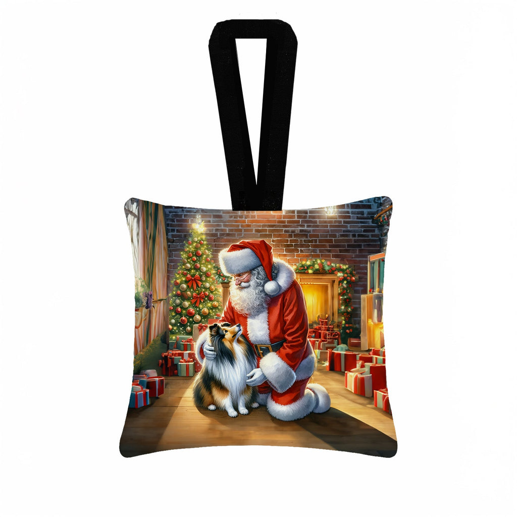 Sheltie and Santa Claus Hanging Square Fabric Ornament 3.5 × 3.5 Decorative Door-Knob & Tree Hanger, Soft Fabric
