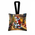 Sheltie and Santa Claus Hanging Square Fabric Ornament 3.5 × 3.5 Decorative Door-Knob & Tree Hanger, Soft Fabric