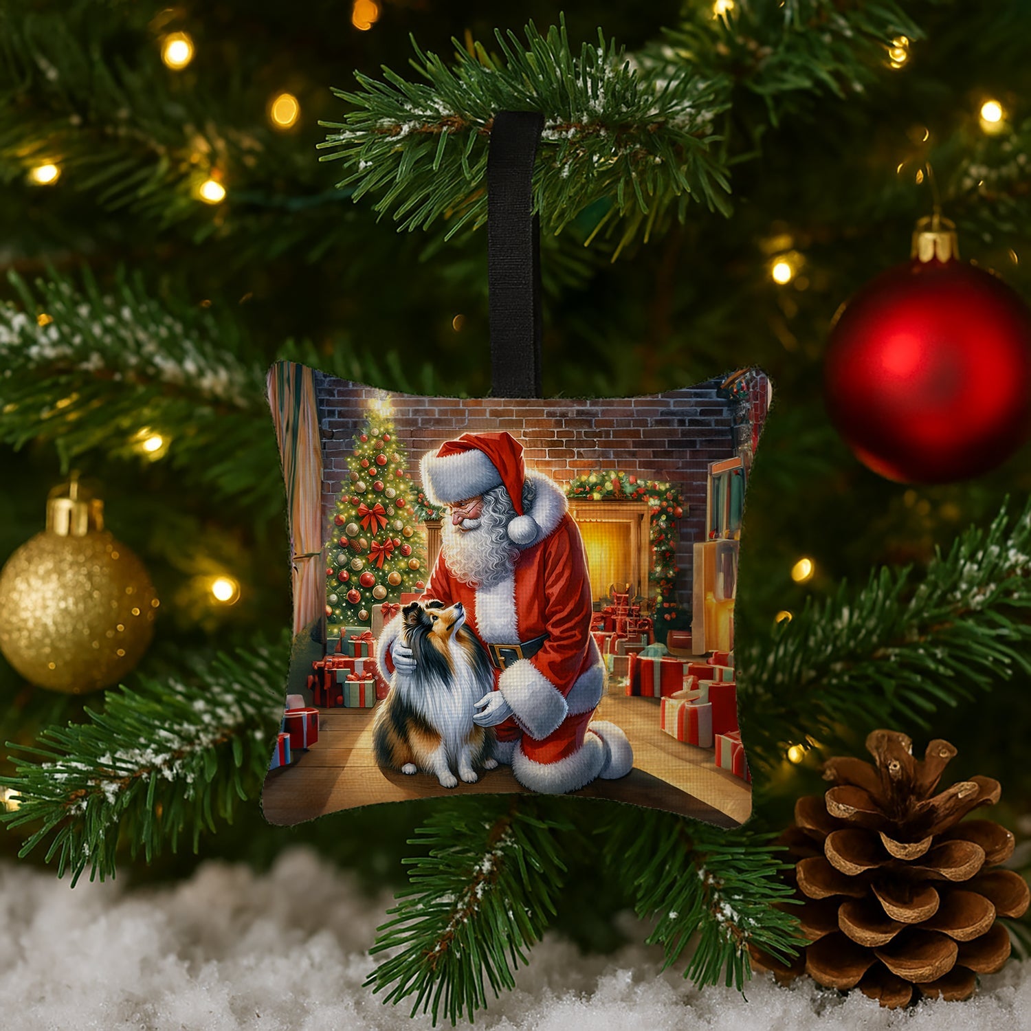 Sheltie and Santa Claus Hanging Square Fabric Ornament 3.5 × 3.5 Decorative Door-Knob & Tree Hanger, Soft Fabric