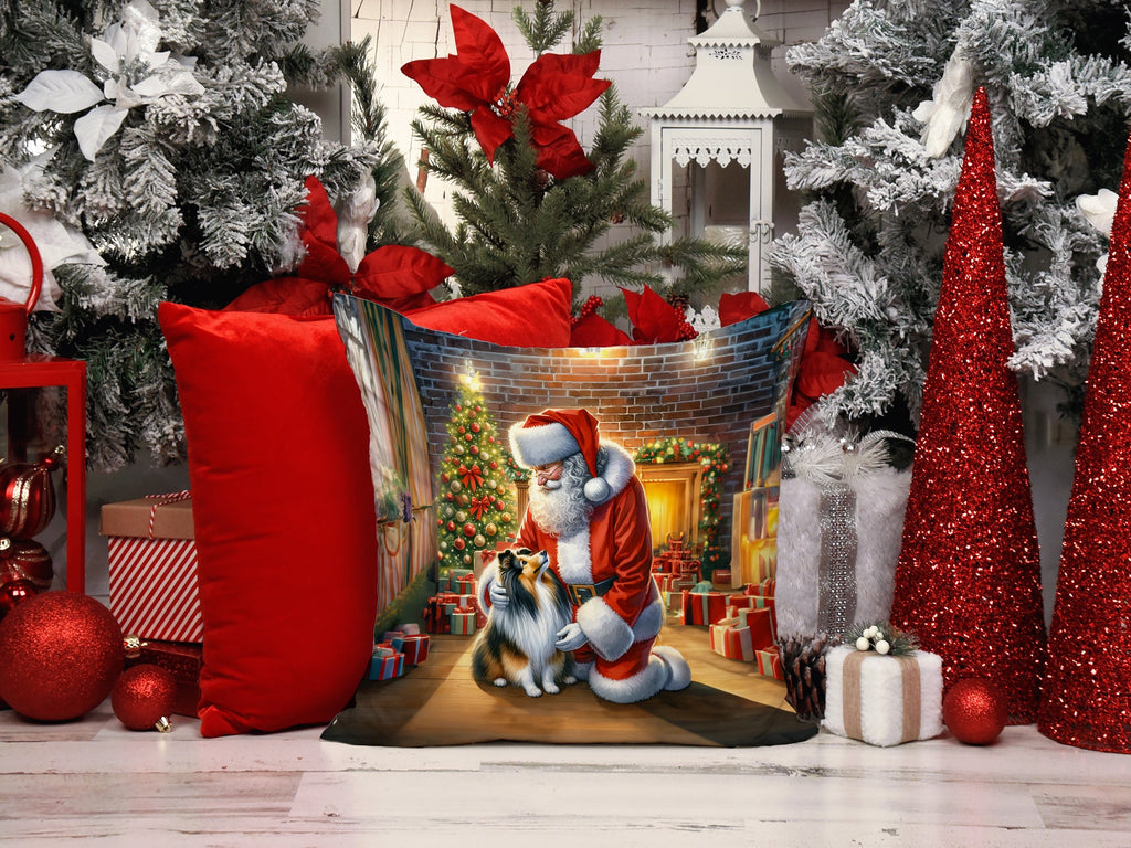 Sheltie and Santa Claus Decorative Throw Pillow 14x14 Indoor Outdoor Accent Cushion, Fabric Cover with Insert for Sofa, Bed, Porch & Living Room