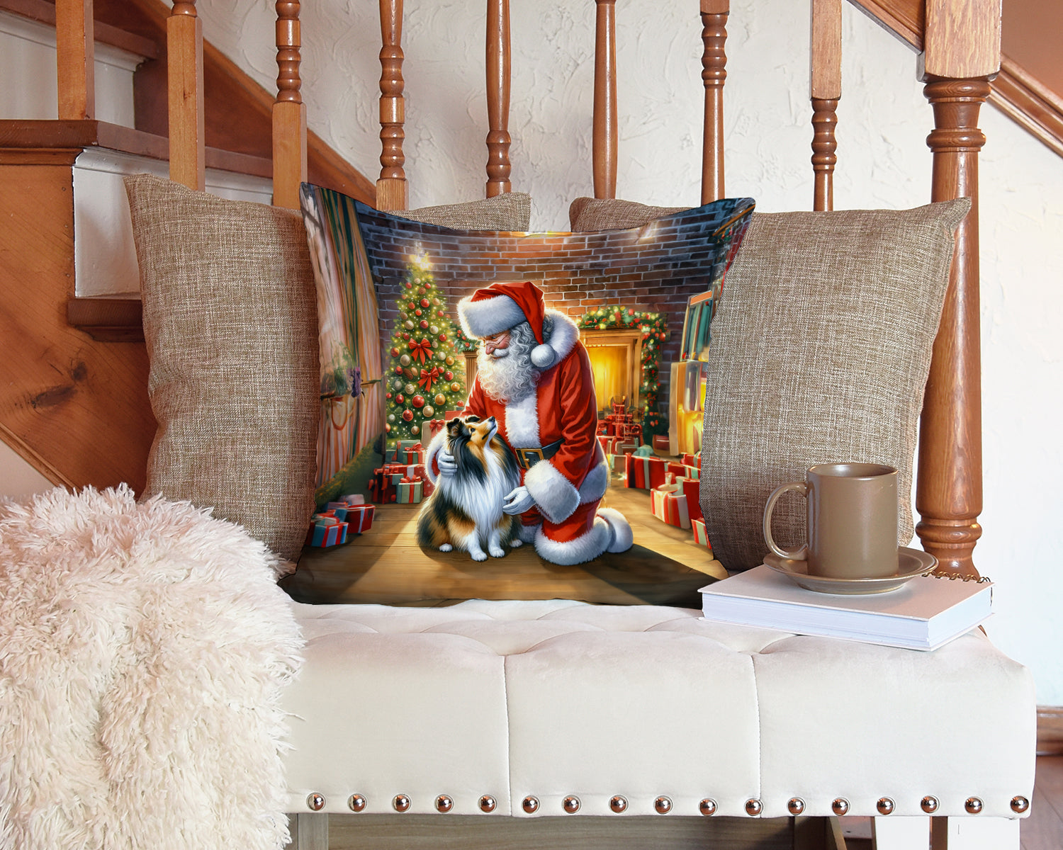 Sheltie and Santa Claus Decorative Throw Pillow 14x14 Indoor Outdoor Accent Cushion, Fabric Cover with Insert for Sofa, Bed, Porch & Living Room