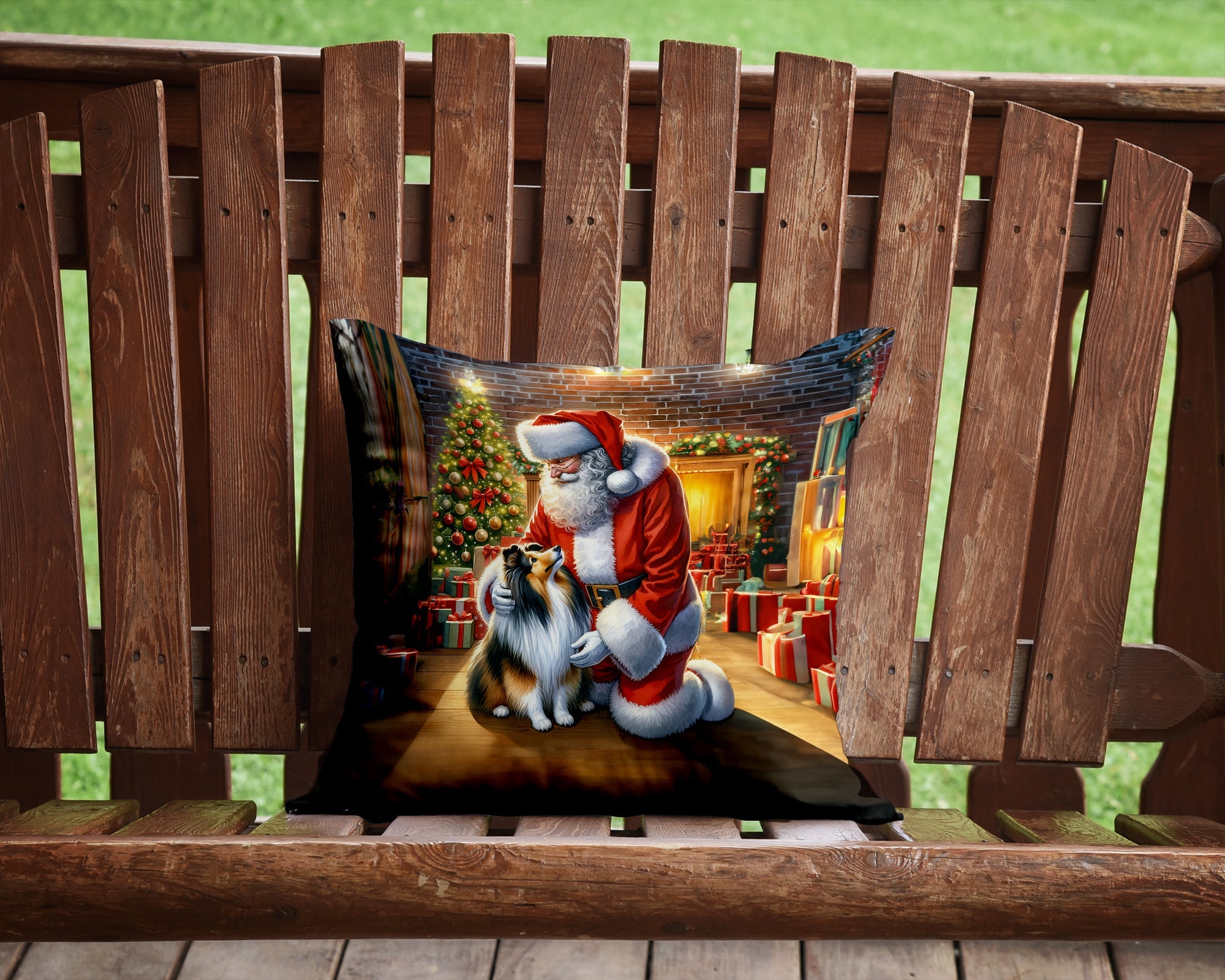 Sheltie and Santa Claus Decorative Throw Pillow 14x14 Indoor Outdoor Accent Cushion, Fabric Cover with Insert for Sofa, Bed, Porch & Living Room