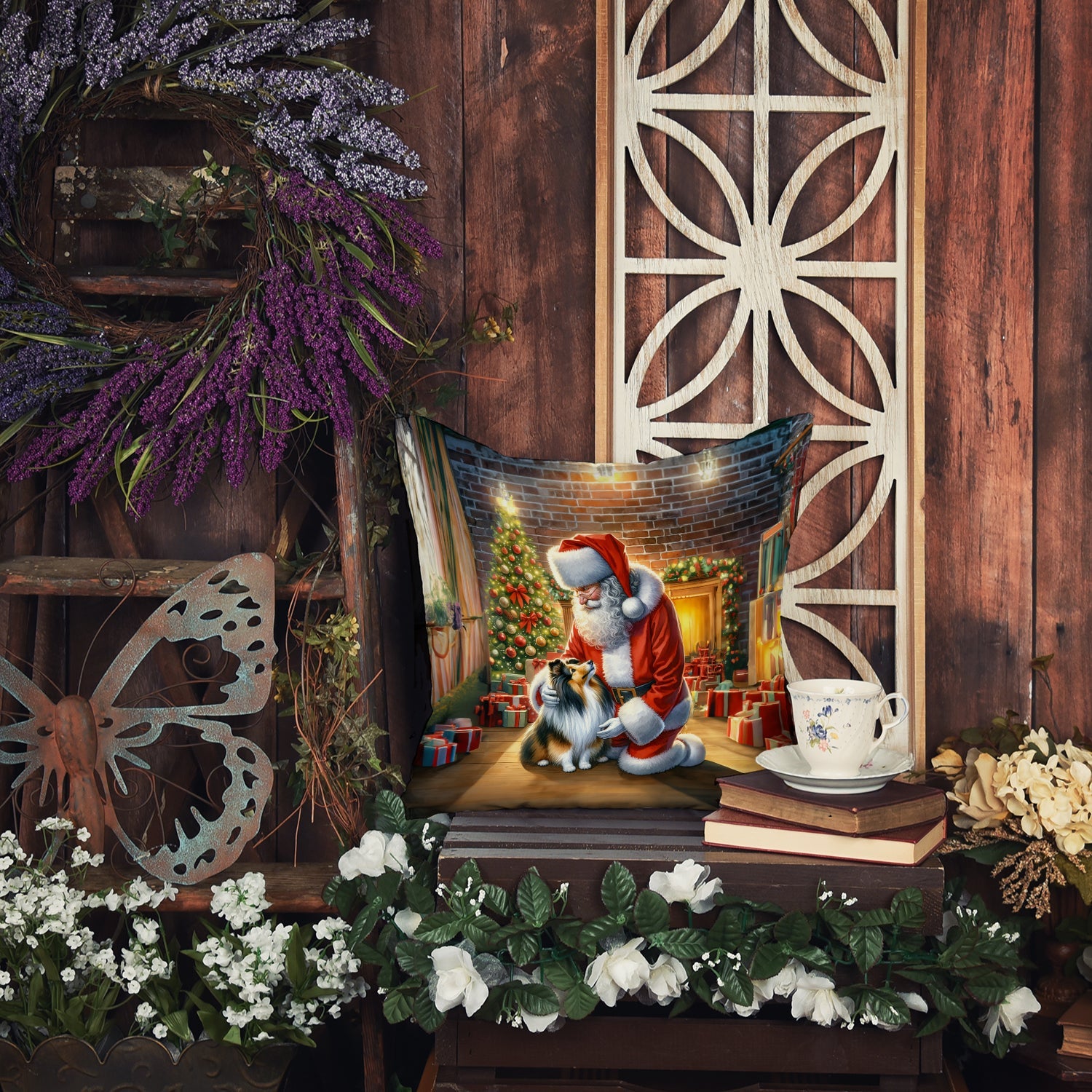 Sheltie and Santa Claus Decorative Throw Pillow 18x18 Indoor Outdoor Accent Cushion, Fabric Cover with Insert for Sofa, Bed, Porch & Living Room