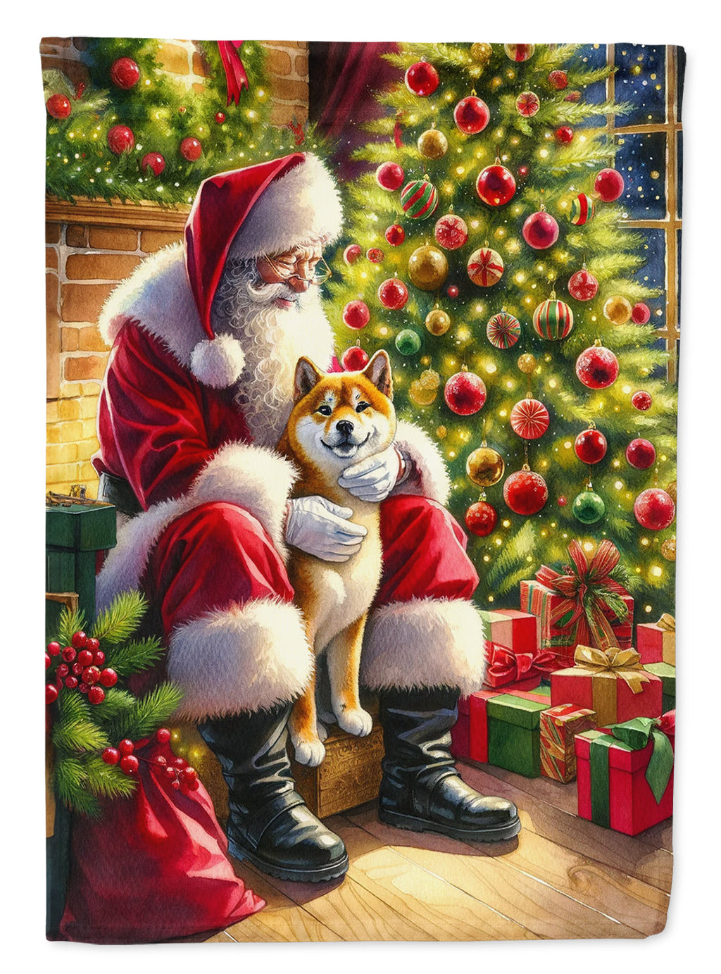 Shiba Inu and Santa Claus House Flag 28x40 Porch Sleeve Pole Decorative Outside Yard Banner Artwork Wall Hanging, Polyester