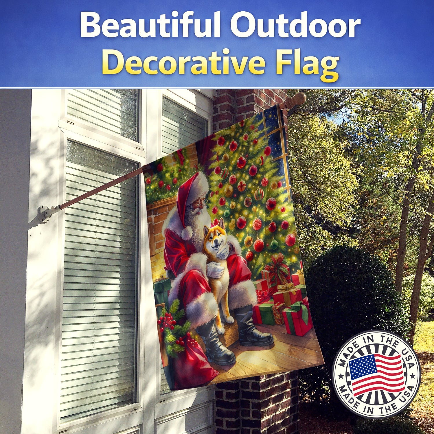 Shiba Inu and Santa Claus House Flag 28x40 Porch Sleeve Pole Decorative Outside Yard Banner Artwork Wall Hanging, Polyester