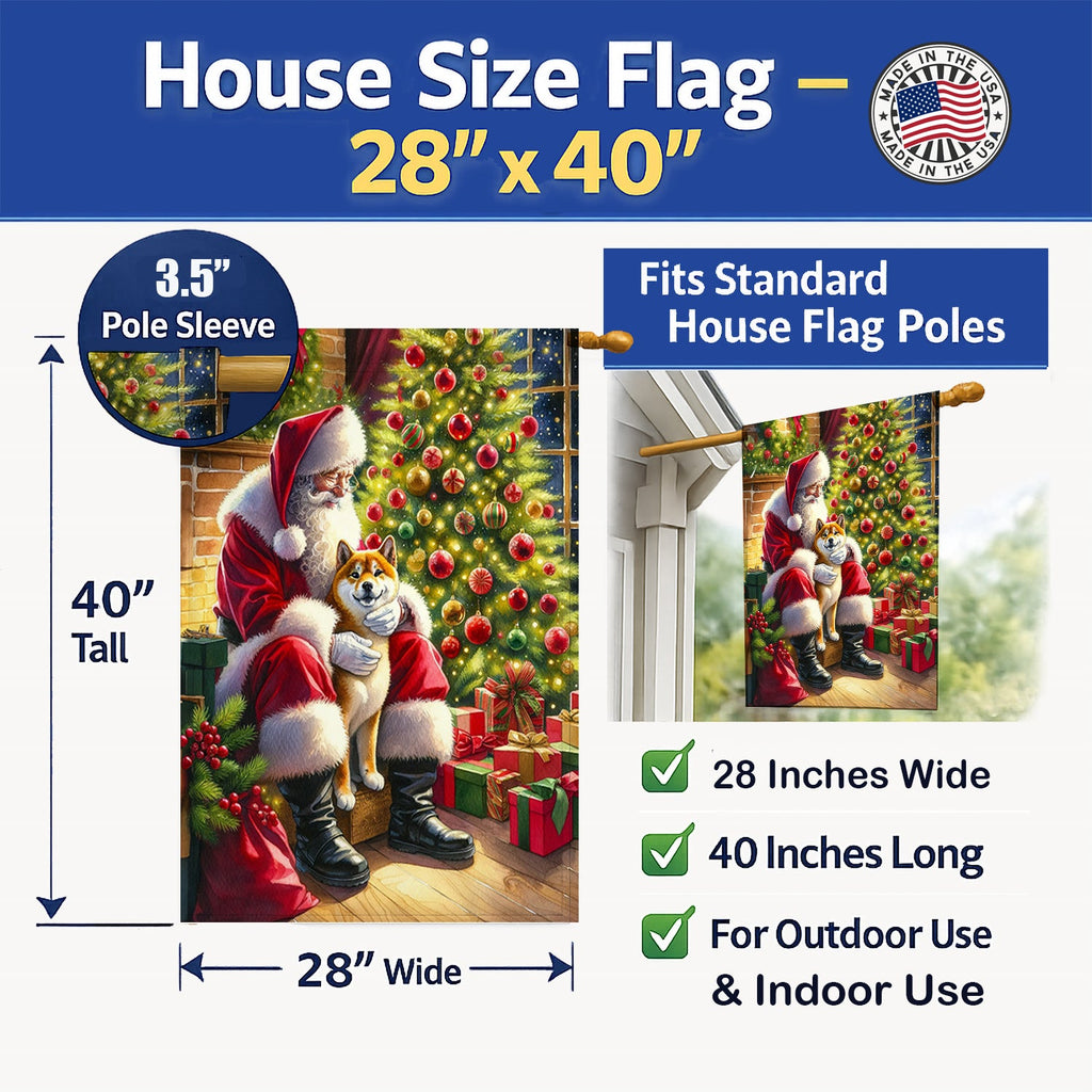Shiba Inu and Santa Claus House Flag 28x40 Porch Sleeve Pole Decorative Outside Yard Banner Artwork Wall Hanging, Polyester