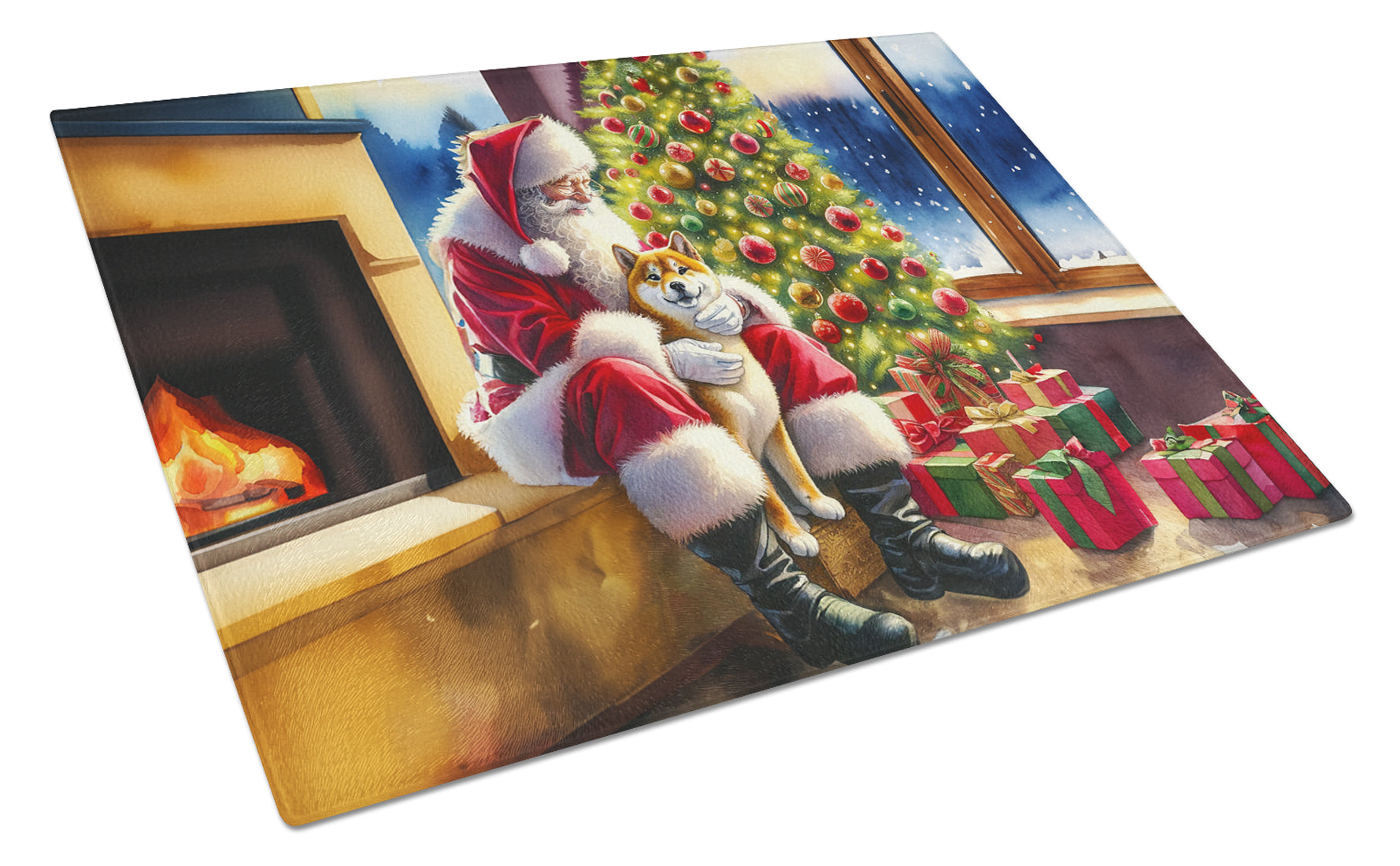 Shiba Inu and Santa Claus Cutting Board Tempered Glass Kitchen Cutting Surface, Heat Resistant Chopping, Non-Slip Feet, Food Prep & Serving