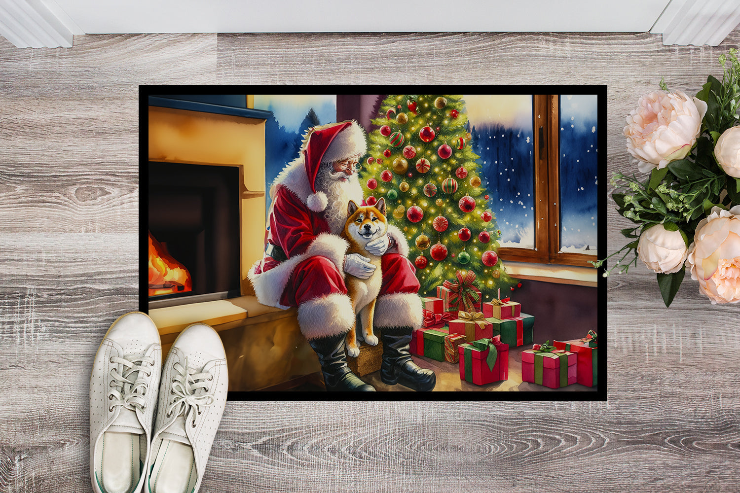Shiba Inu and Santa Claus Doormat Indoor Outdoor 18H X 27W Front Door Mat Rugs for Entryway, Non Slip Washable