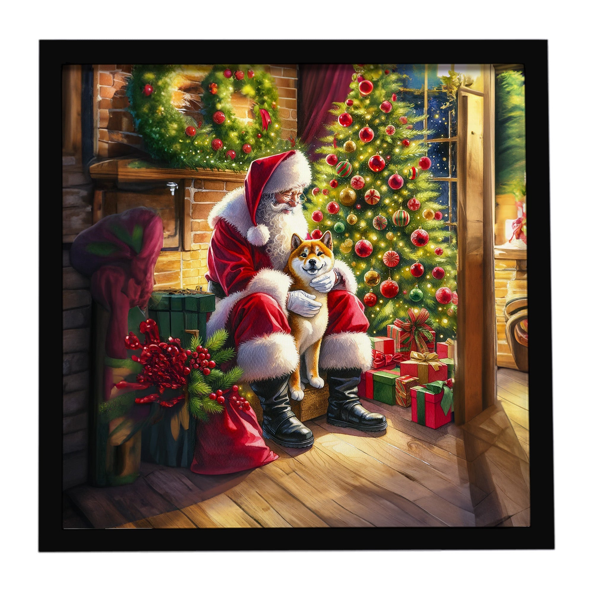 Shiba Inu and Santa Claus Framed Metal Print Bathroom, Kitchen, Office, Home Decor Wall Art Ready to Hang, Square, 8X8
