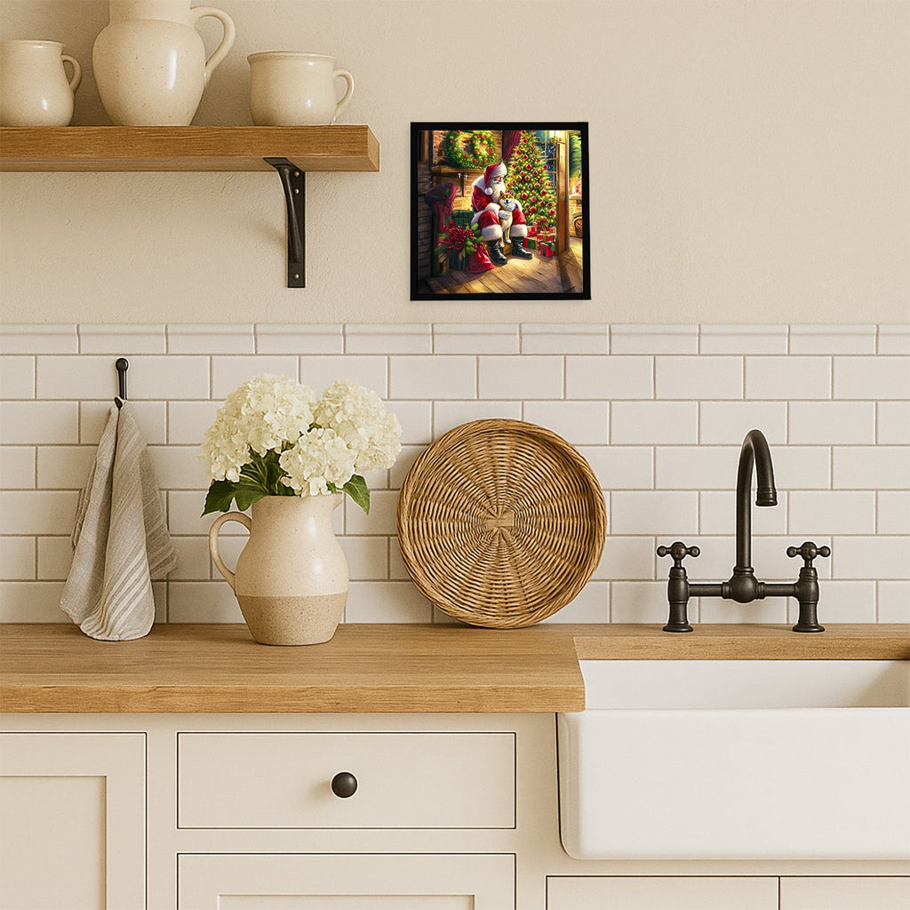 Shiba Inu and Santa Claus Framed Metal Print Bathroom, Kitchen, Office, Home Decor Wall Art Ready to Hang, Square, 8X8