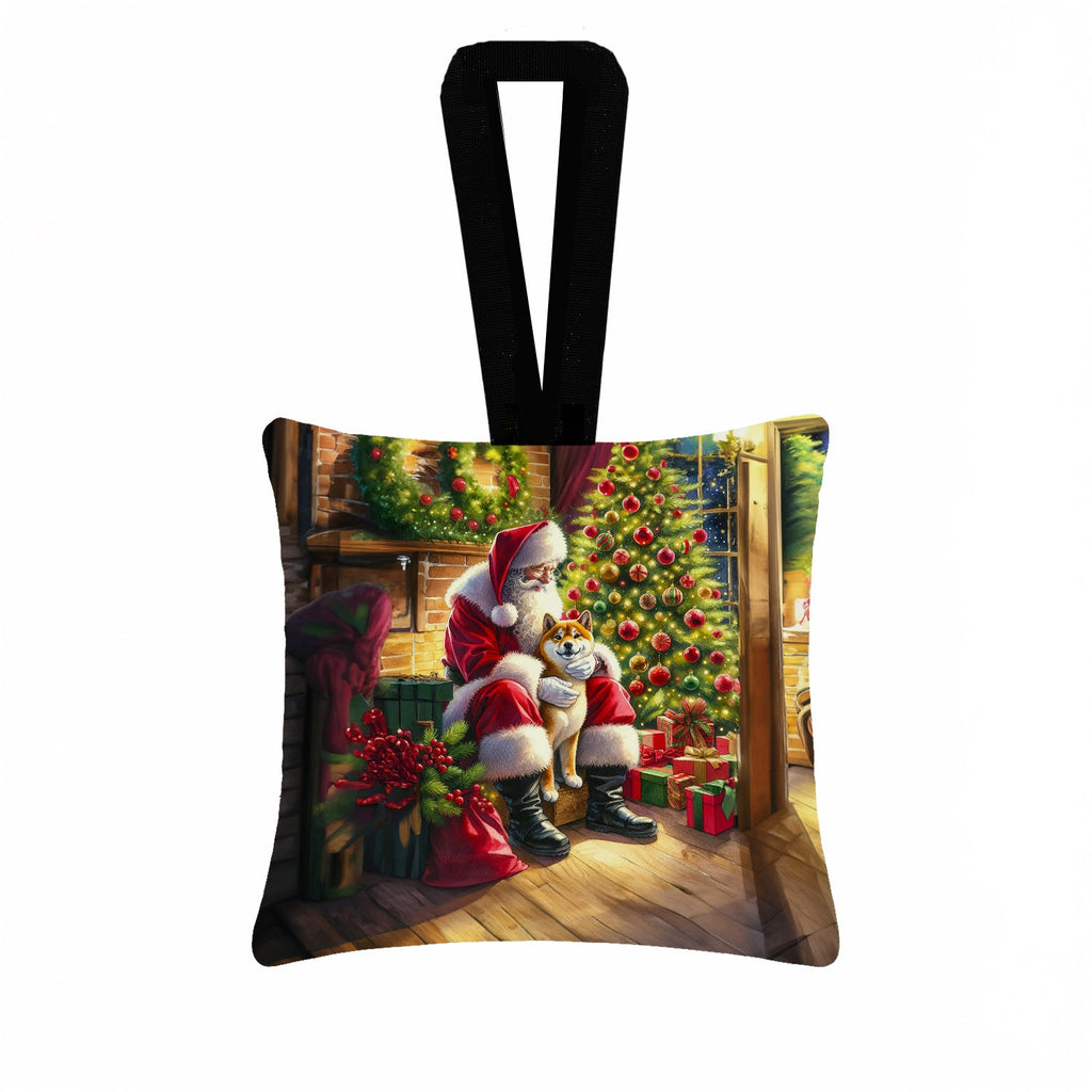 Shiba Inu and Santa Claus Hanging Square Fabric Ornament 3.5 × 3.5 Decorative Door-Knob & Tree Hanger, Soft Fabric