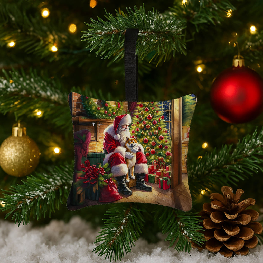 Shiba Inu and Santa Claus Hanging Square Fabric Ornament 3.5 × 3.5 Decorative Door-Knob & Tree Hanger, Soft Fabric