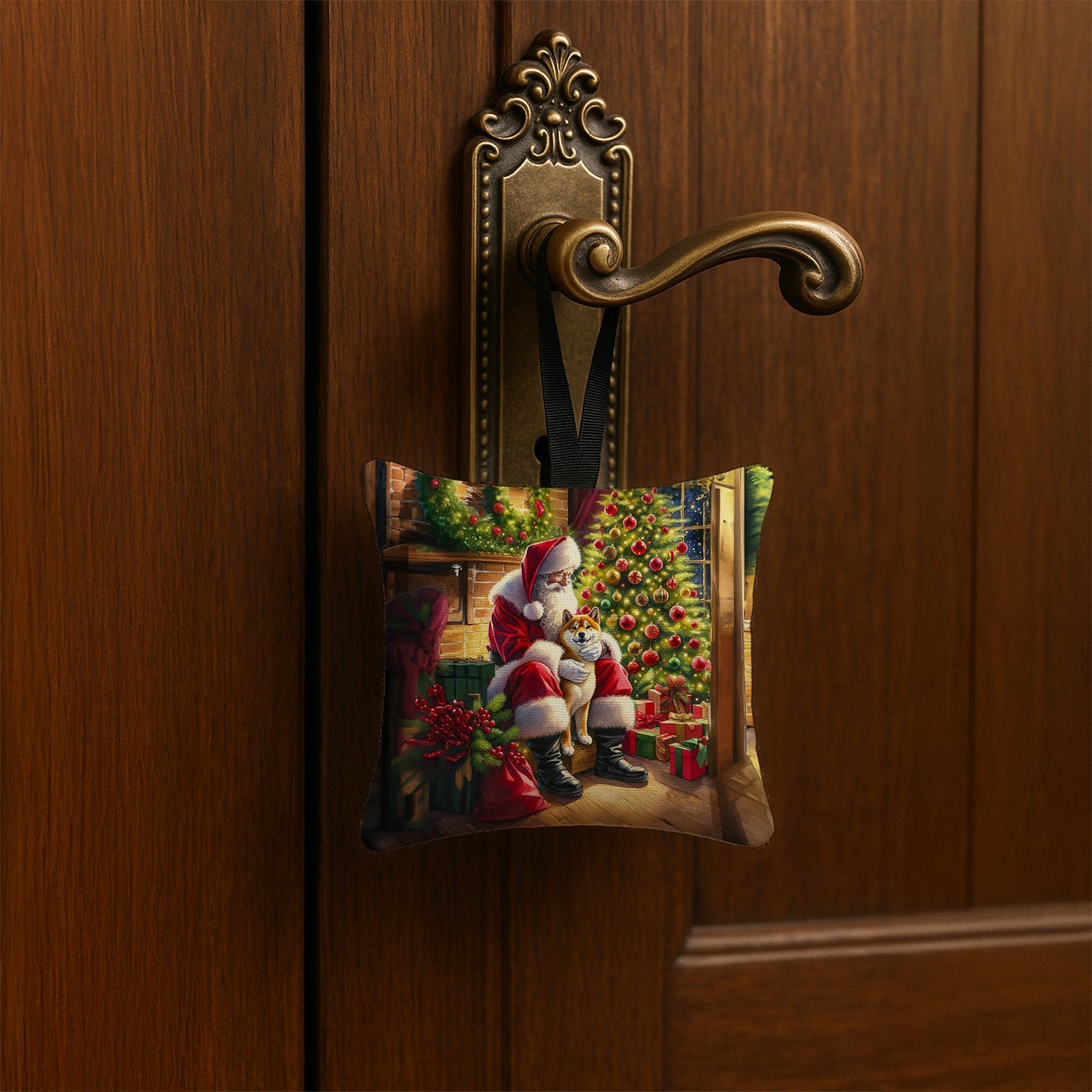 Shiba Inu and Santa Claus Hanging Square Fabric Ornament 3.5 × 3.5 Decorative Door-Knob & Tree Hanger, Soft Fabric
