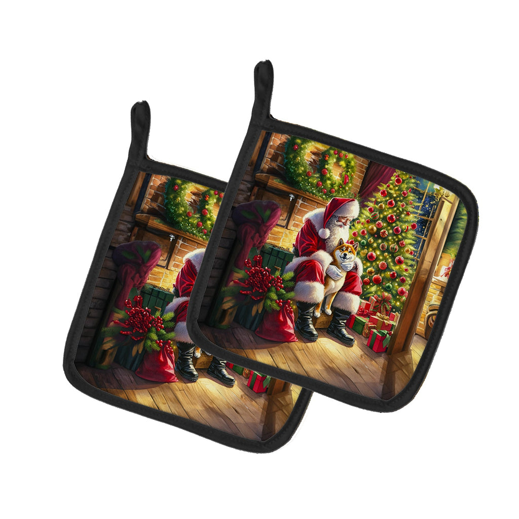Shiba Inu and Santa Claus Pot Holder Set of 2 Heat Resistant Quilted Hot Pads 7.5 x 7.5 Inch, Insulated Kitchen Trivets for Cooking & Baking