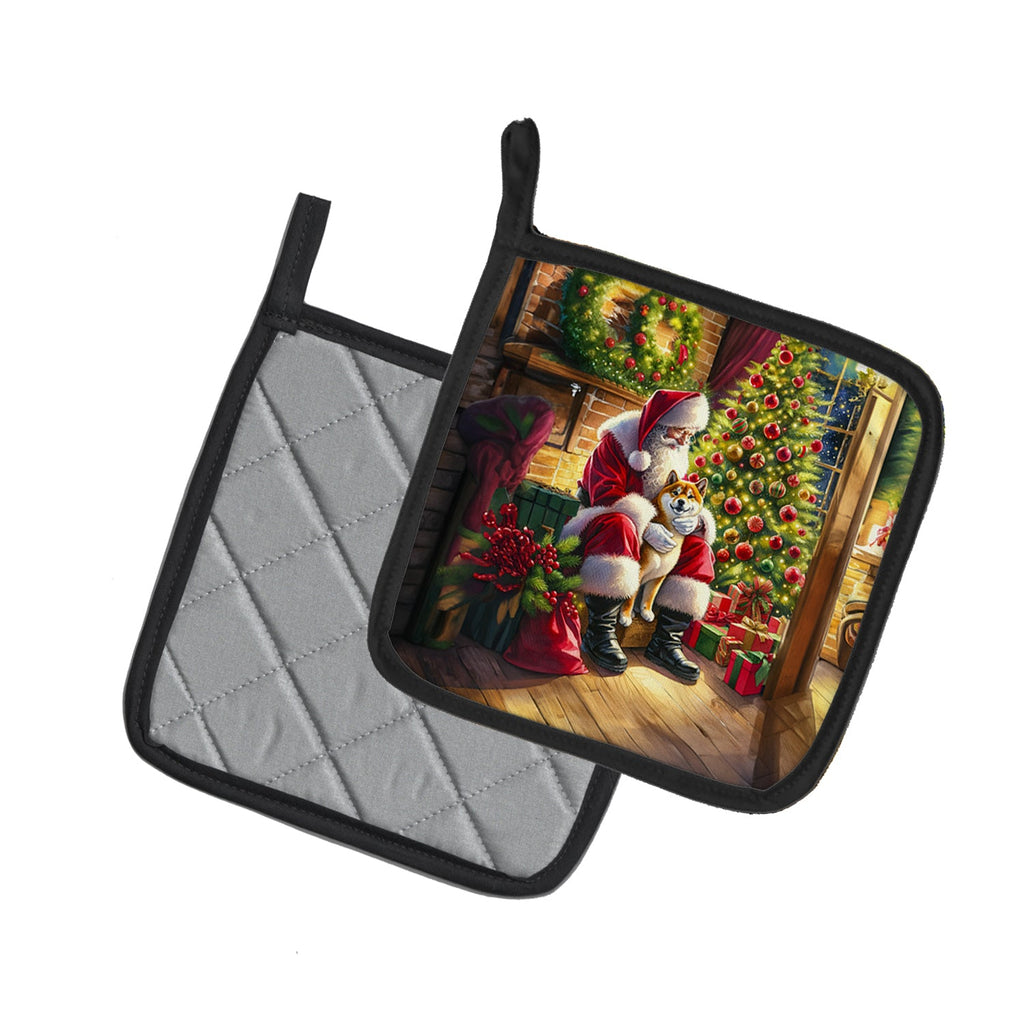 Shiba Inu and Santa Claus Pot Holder Set of 2 Heat Resistant Quilted Hot Pads 7.5 x 7.5 Inch, Insulated Kitchen Trivets for Cooking & Baking
