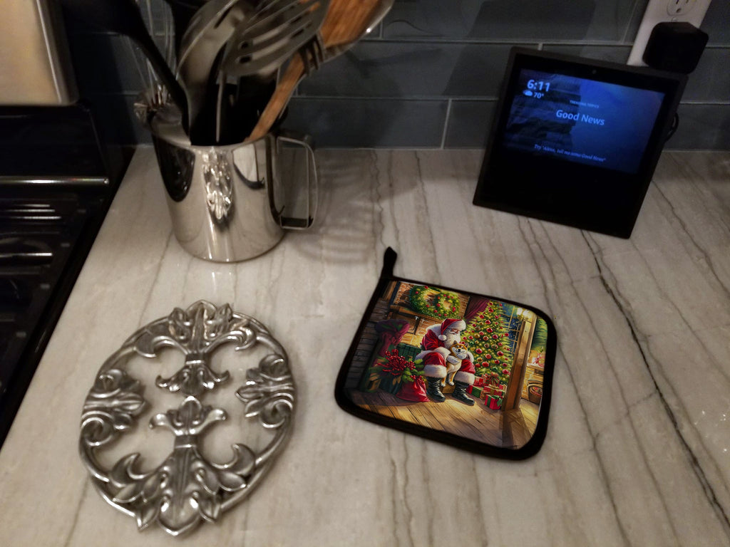 Shiba Inu and Santa Claus Pot Holder Set of 2 Heat Resistant Quilted Hot Pads 7.5 x 7.5 Inch, Insulated Kitchen Trivets for Cooking & Baking