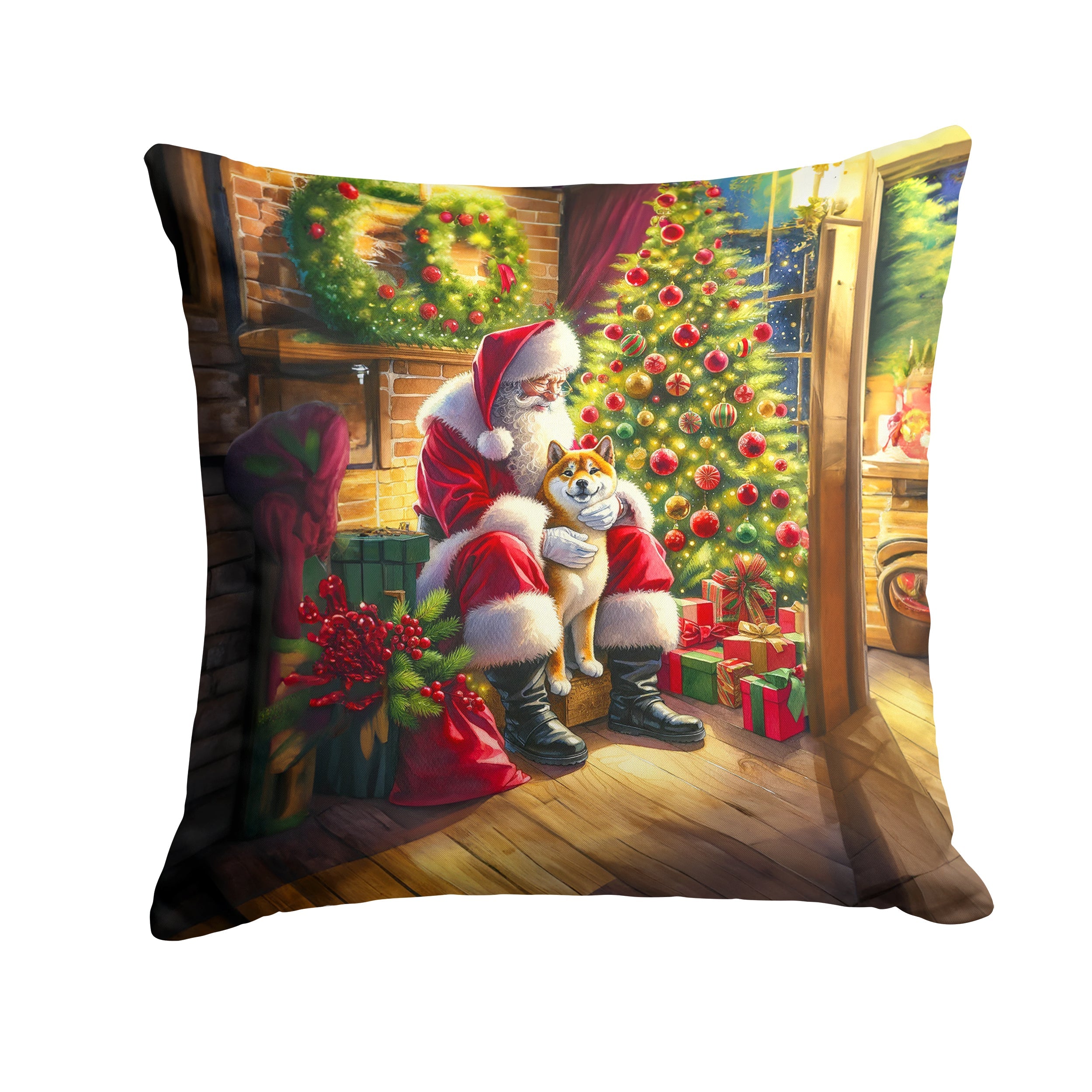 Shiba Inu and Santa Claus Decorative Throw Pillow 14x14 Indoor Outdoor Accent Cushion, Fabric Cover with Insert for Sofa, Bed, Porch & Living Room