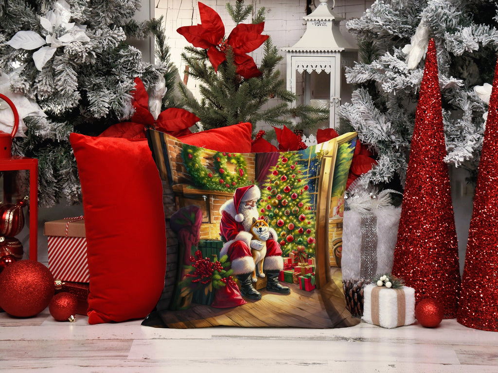 Shiba Inu and Santa Claus Decorative Throw Pillow 14x14 Indoor Outdoor Accent Cushion, Fabric Cover with Insert for Sofa, Bed, Porch & Living Room
