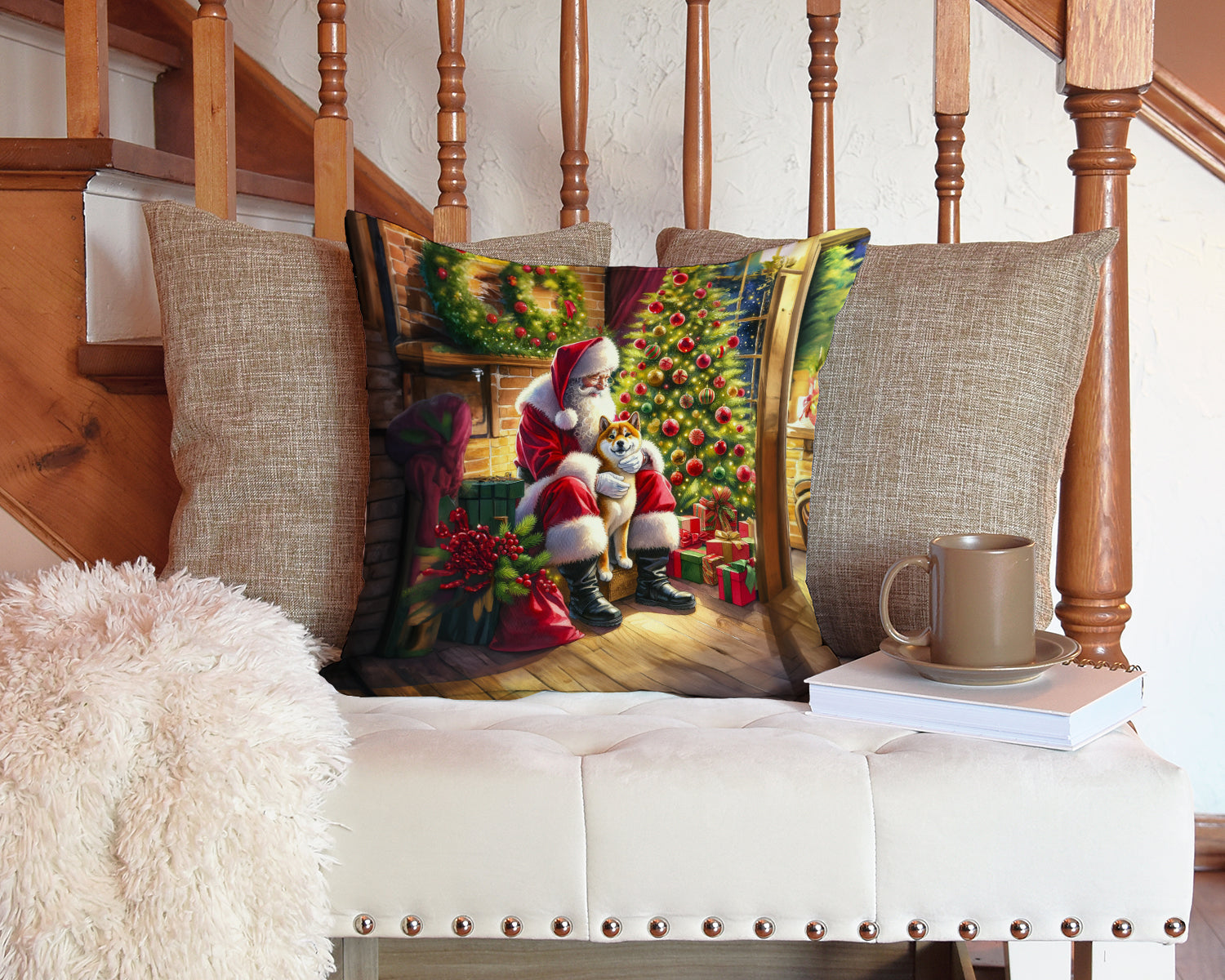 Shiba Inu and Santa Claus Decorative Throw Pillow 14x14 Indoor Outdoor Accent Cushion, Fabric Cover with Insert for Sofa, Bed, Porch & Living Room