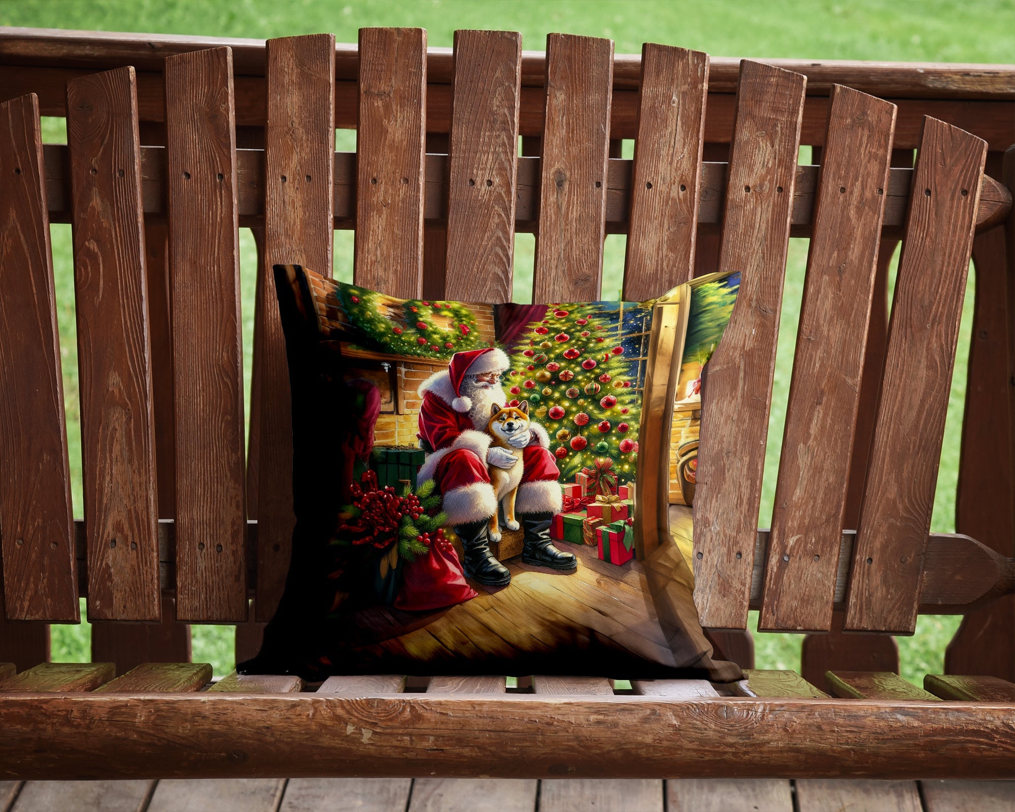Shiba Inu and Santa Claus Decorative Throw Pillow 14x14 Indoor Outdoor Accent Cushion, Fabric Cover with Insert for Sofa, Bed, Porch & Living Room
