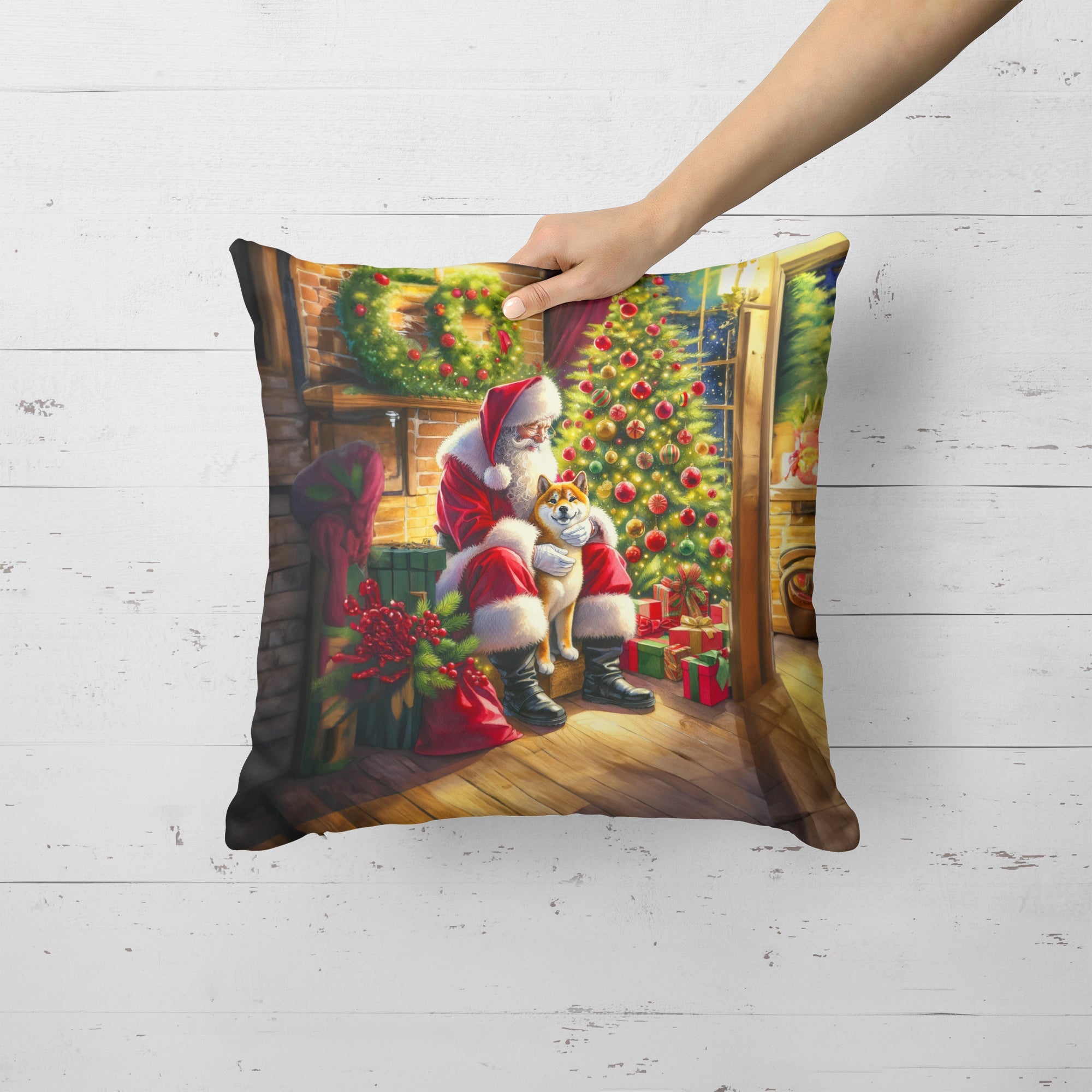 Shiba Inu and Santa Claus Decorative Throw Pillow 18x18 Indoor Outdoor Accent Cushion, Fabric Cover with Insert for Sofa, Bed, Porch & Living Room
