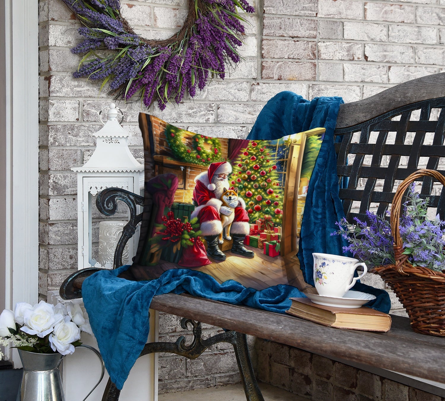 Shiba Inu and Santa Claus Decorative Throw Pillow 18x18 Indoor Outdoor Accent Cushion, Fabric Cover with Insert for Sofa, Bed, Porch & Living Room