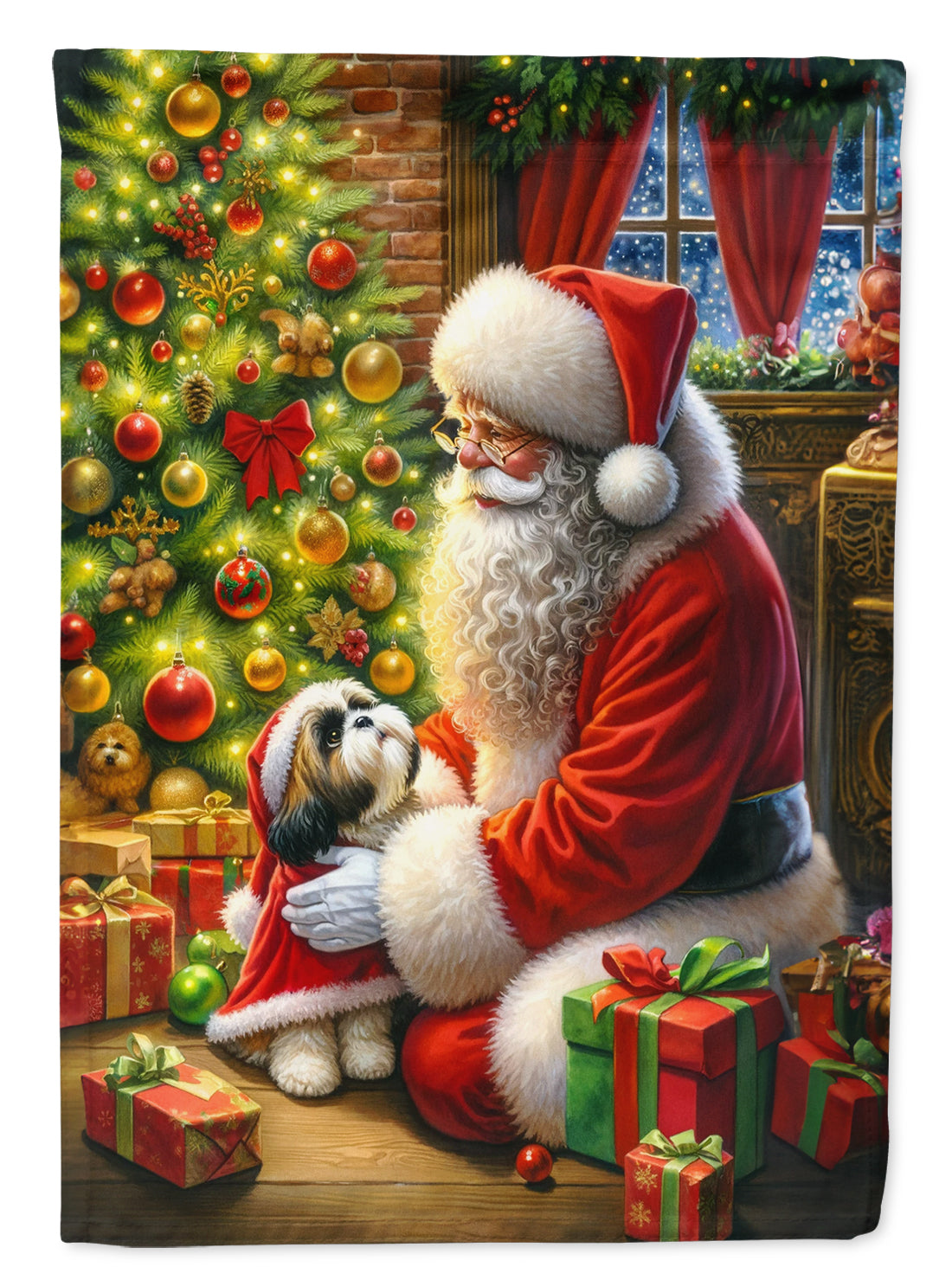 Shih Tzu and Santa Claus House Flag 28x40 Porch Sleeve Pole Decorative Outside Yard Banner Artwork Wall Hanging, Polyester