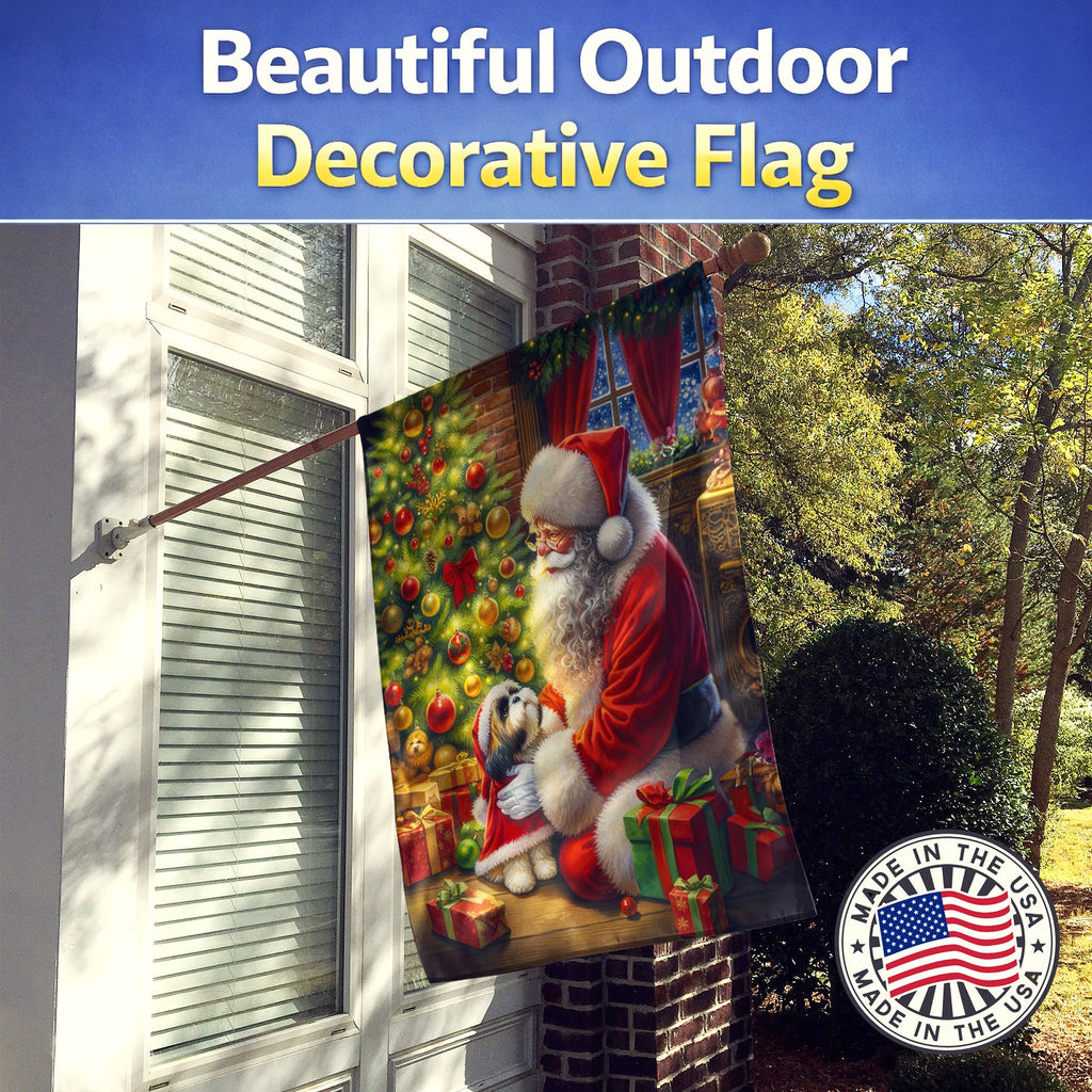Shih Tzu and Santa Claus House Flag 28x40 Porch Sleeve Pole Decorative Outside Yard Banner Artwork Wall Hanging, Polyester