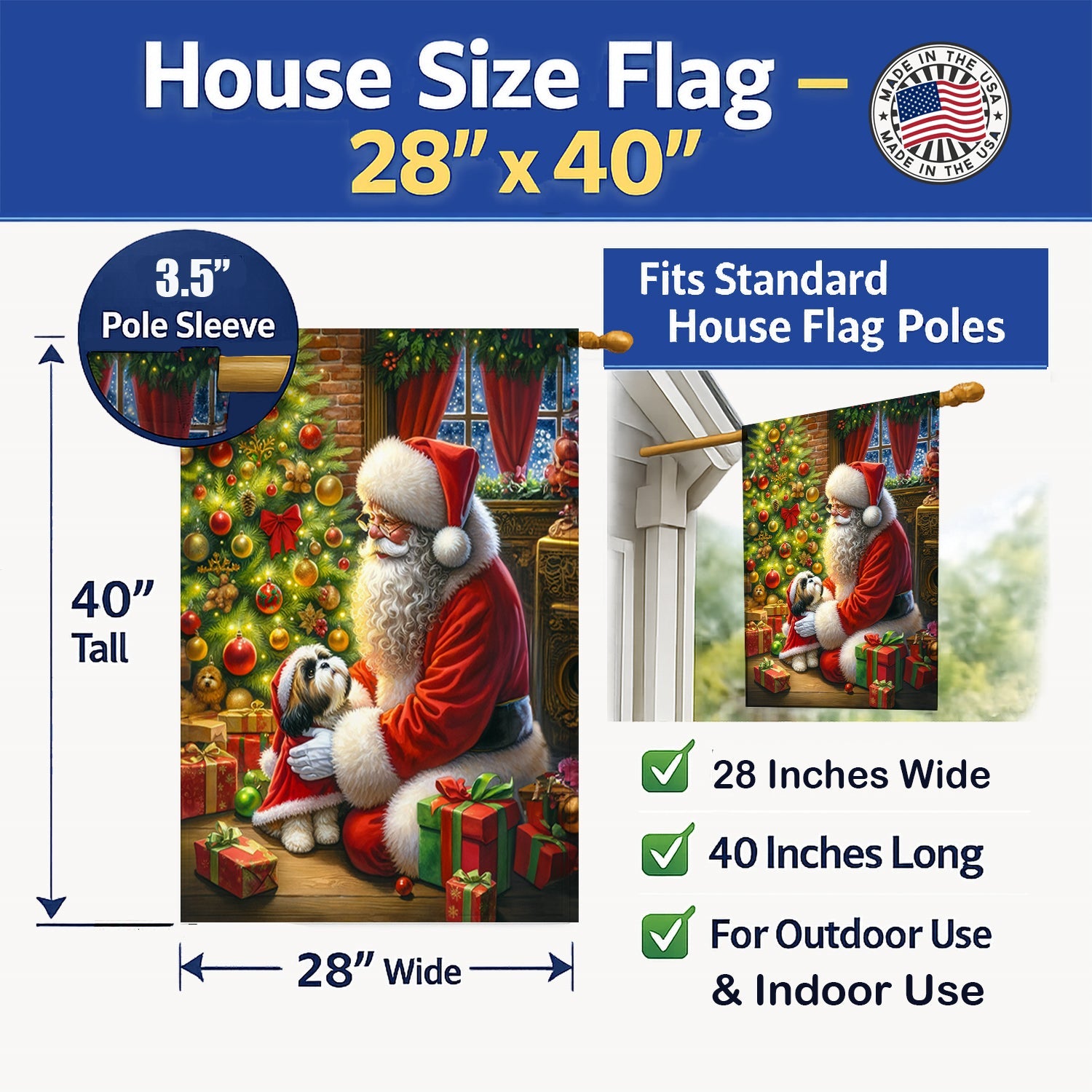 Shih Tzu and Santa Claus House Flag 28x40 Porch Sleeve Pole Decorative Outside Yard Banner Artwork Wall Hanging, Polyester