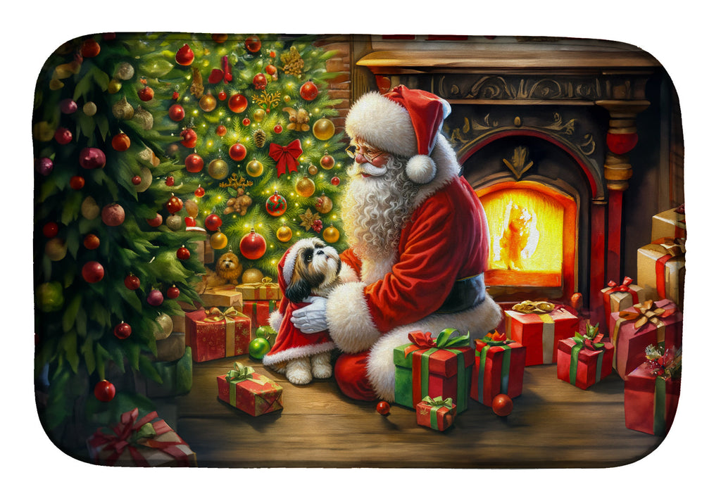 Shih Tzu and Santa Claus Dish Drying Mat Absorbent Dish Drying Mat Pad for Kitchen Counter Dish Drainer Mat for Countertop, 14 x 21", Multicolor