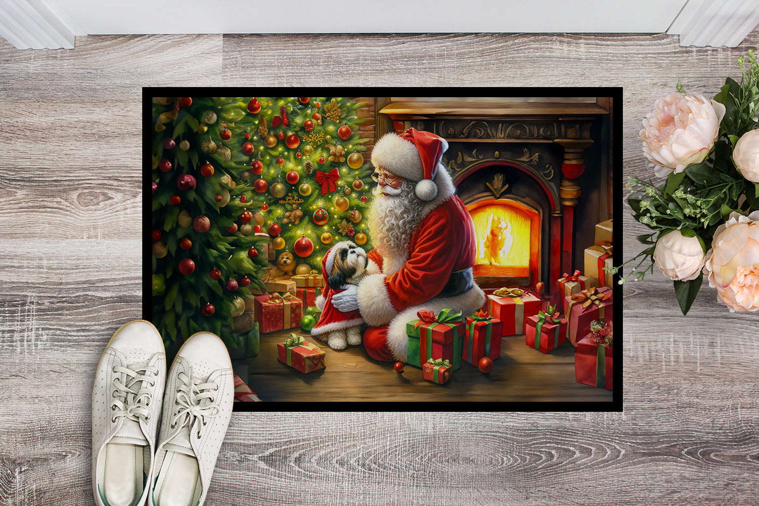 Shih Tzu and Santa Claus Doormat Indoor Outdoor 24H X 36W Front Door Mat Rugs for Entryway, Non Slip Washable Low Pile,