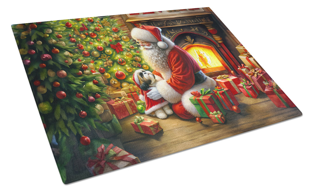 Shih Tzu and Santa Claus Cutting Board Tempered Glass Kitchen Cutting Surface, Heat Resistant Chopping, Non-Slip Feet, Food Prep & Serving