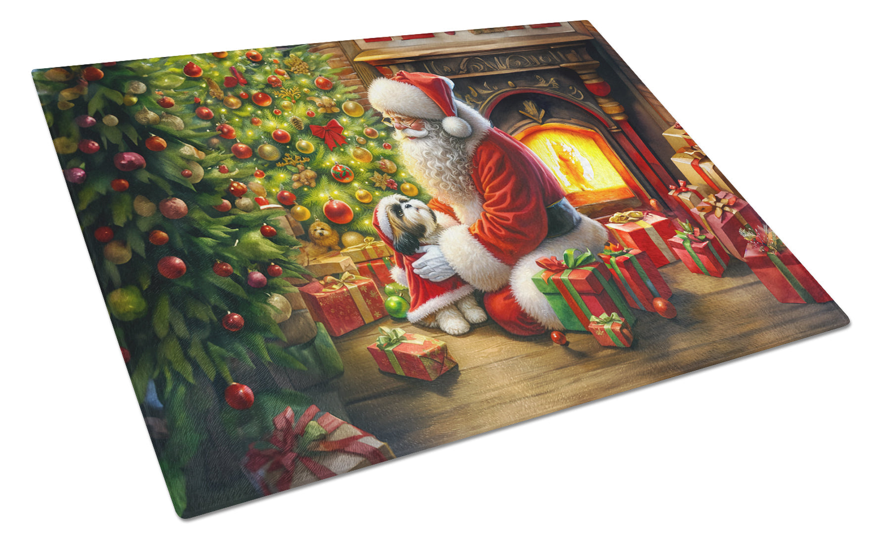 Shih Tzu and Santa Claus Cutting Board Tempered Glass Kitchen Cutting Surface, Heat Resistant Chopping, Non-Slip Feet, Food Prep & Serving